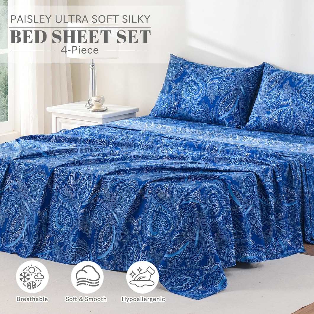 Bedlifes King Sheet Set Ultra Soft, Breathable, Silky Flower Deep Pocket 100% Microfiber Bedding, 4 Piece King Size Paisley Dark Navy Blue