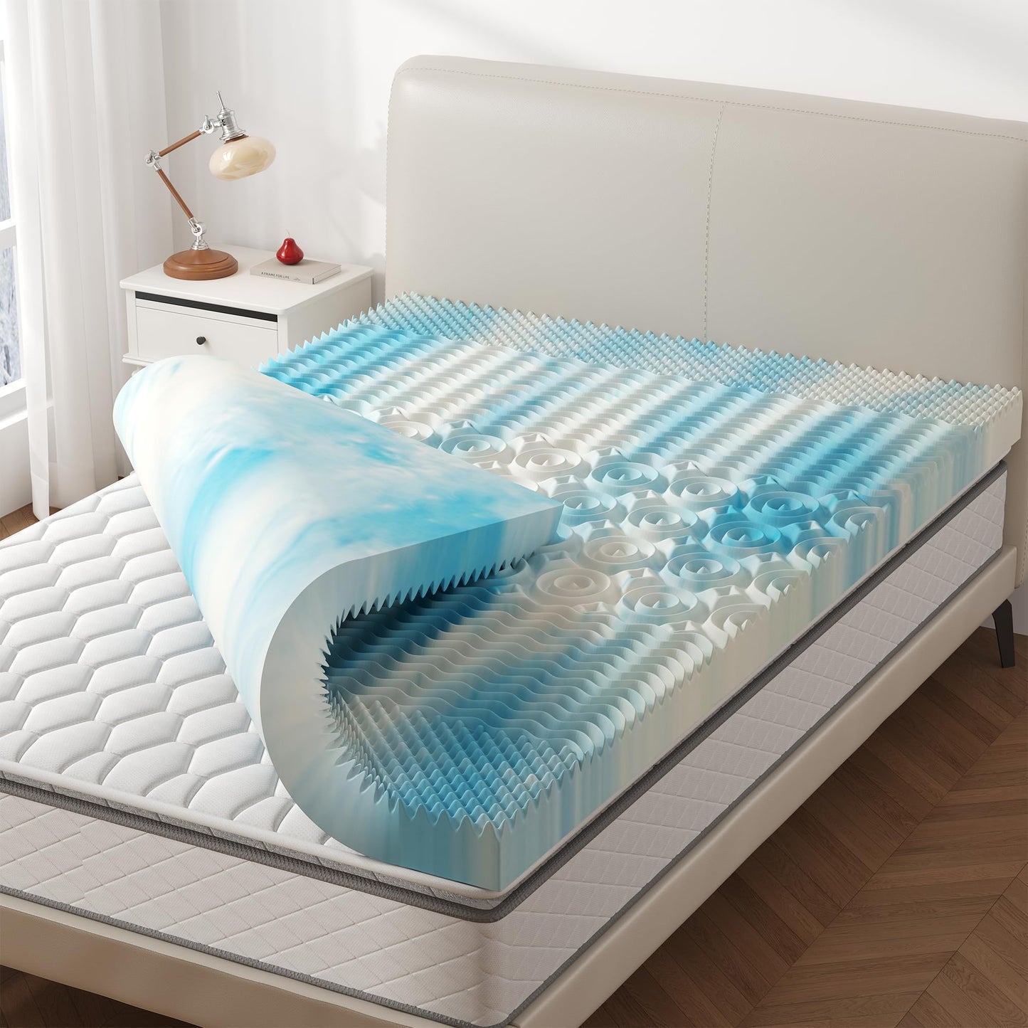 KMFurnila 3 Inch 5-Zone Cooling Gel Memory Foam Mattress Topper Full, Pressure Relief for Back & Hip Pain, Soft Reversible Pad for Dorm RV Camping, CertiPUR-US Certified, Blue