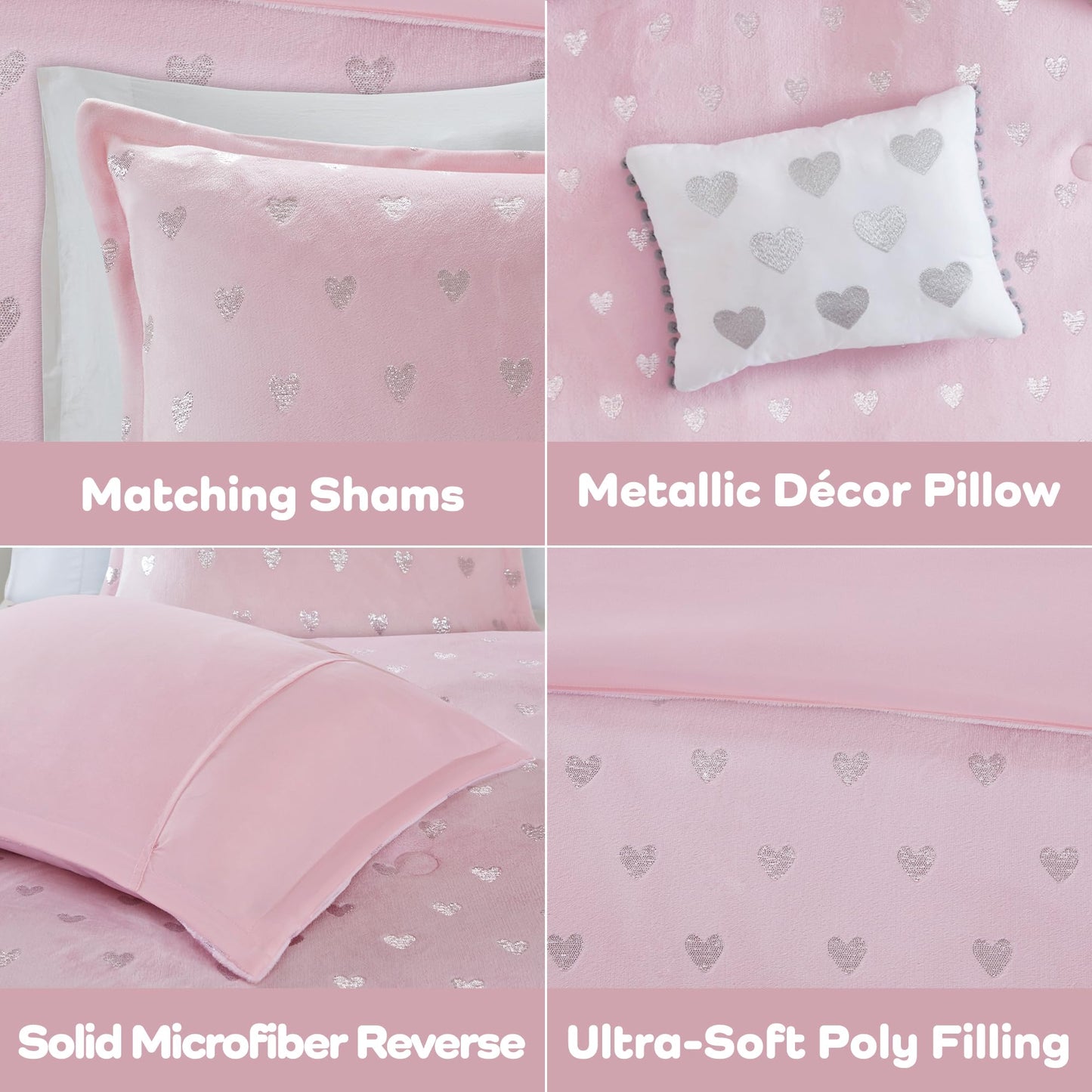 Intelligent Design Twin Comforter Set, 3 Piece Metallic Hearts Cozy Bedroom Set for Girls, Twin Bed Set Soft & Plush Comforter, All Season Fluffy Bedding Set, Rosalie, Twin/Twin XL, Pink Silver