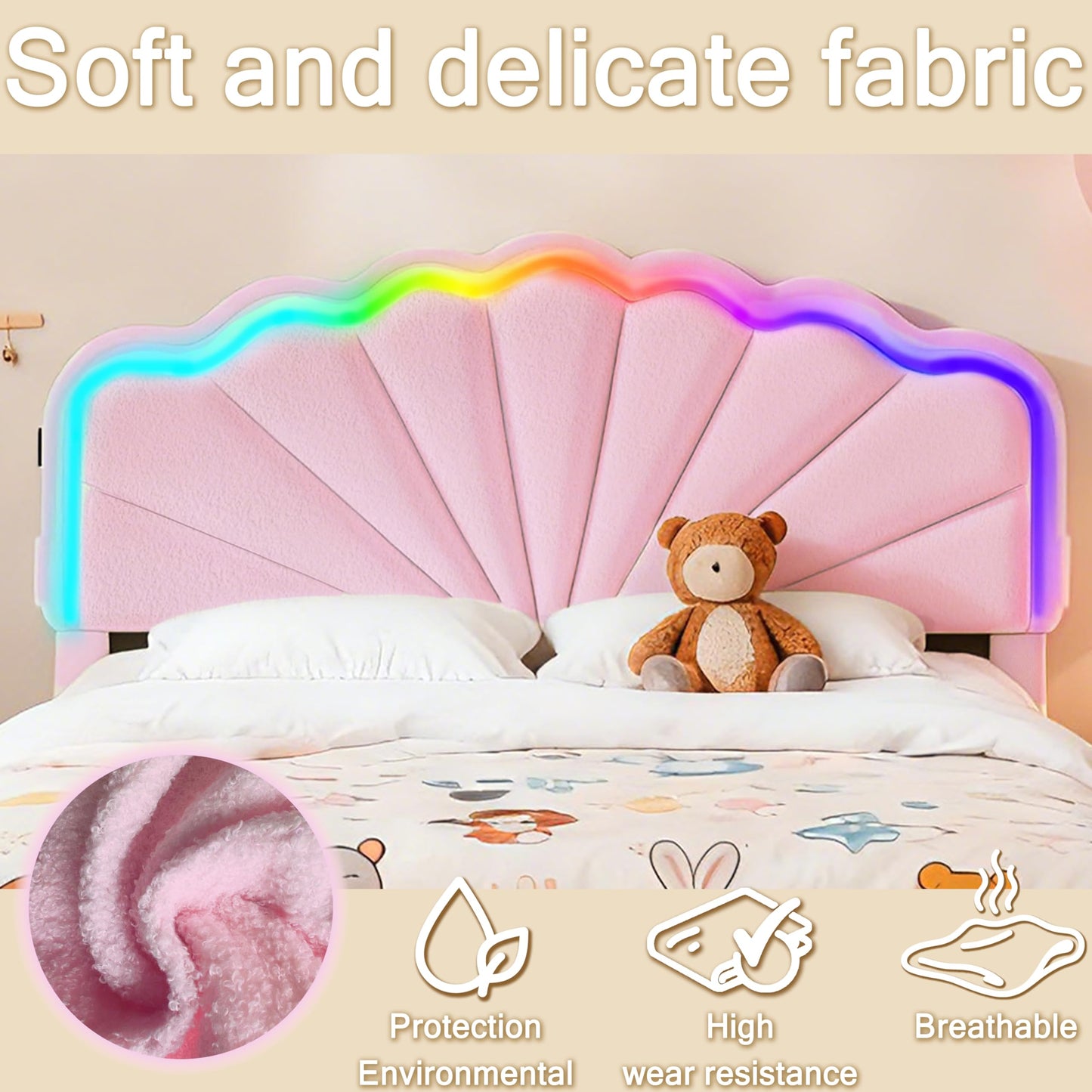 BIOEVER Queen Upholstered Children’s Bed with Storage Drawers,Charging Station & LED Lighting,Teddy Velvet,Quiet Support,Easy Assembly,Pink