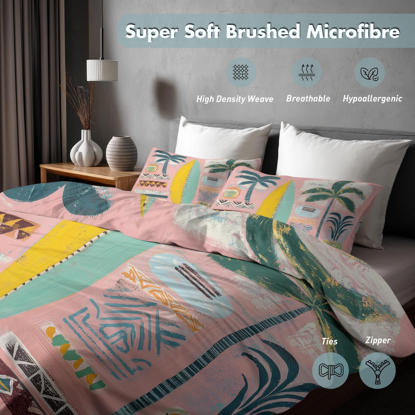 Retro Tropical Full Duvet Cover Set 3 Piece, Palm Tree Surfboard Reversible Bedding with 2 Pillow Shams, Zipper & Ties, Ultra Soft Microfiber, Tropical Bedroom Decorations 24A-W