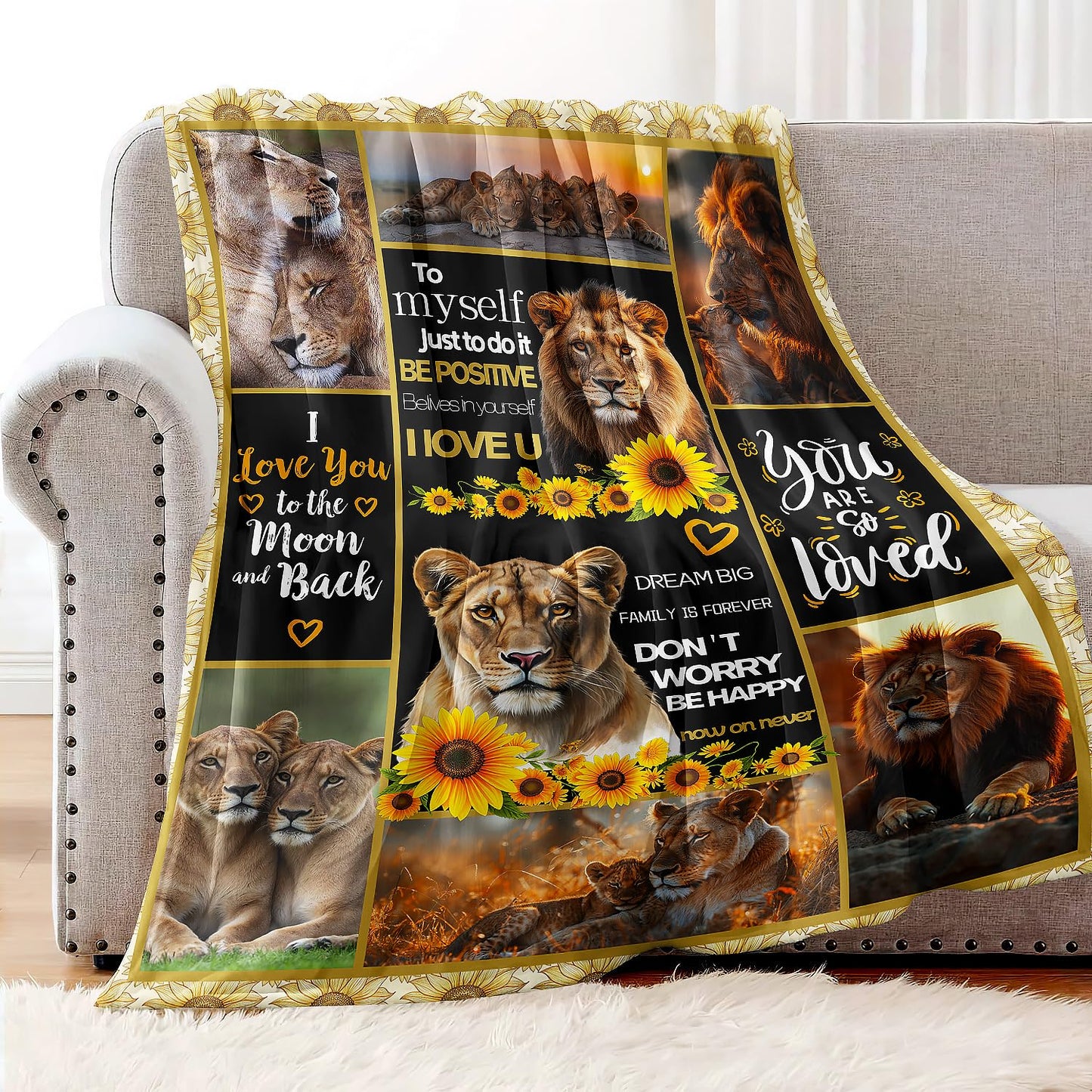 XSMEI Lion Throw Blanket, Sunflower Motivational Quotes, Soft Cozy Fleece Blanket for Couch Bed, 60 x 80 Inches