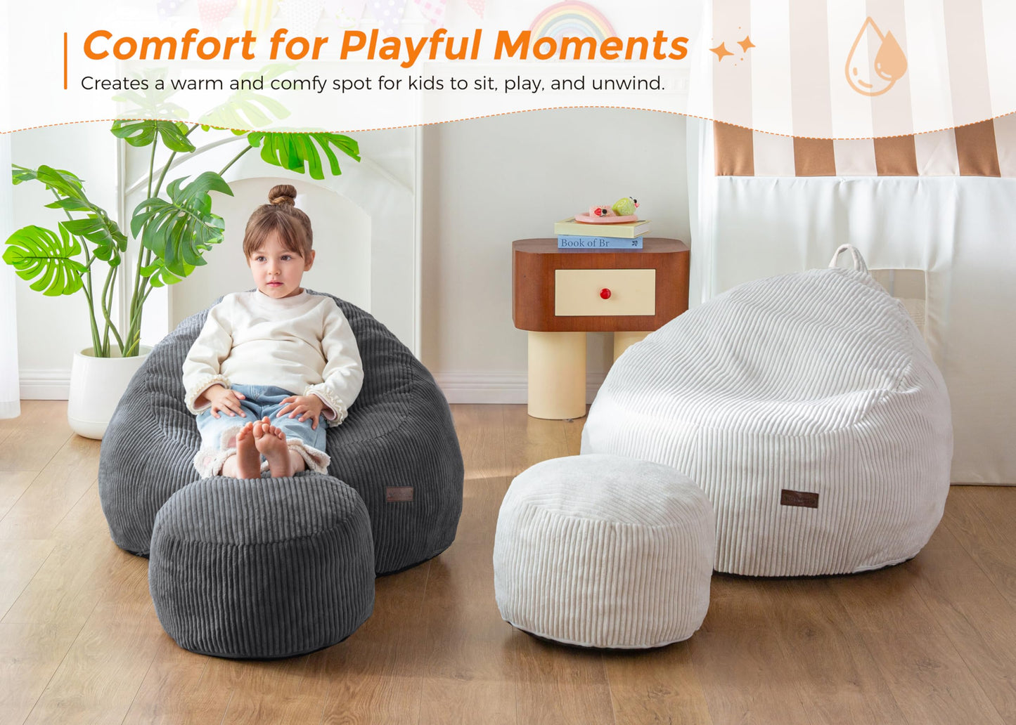 MAXYOYO Kids Bean Bag Chair with Ottoman, Soft Floor Bean Bag Sofa, Dark Grey