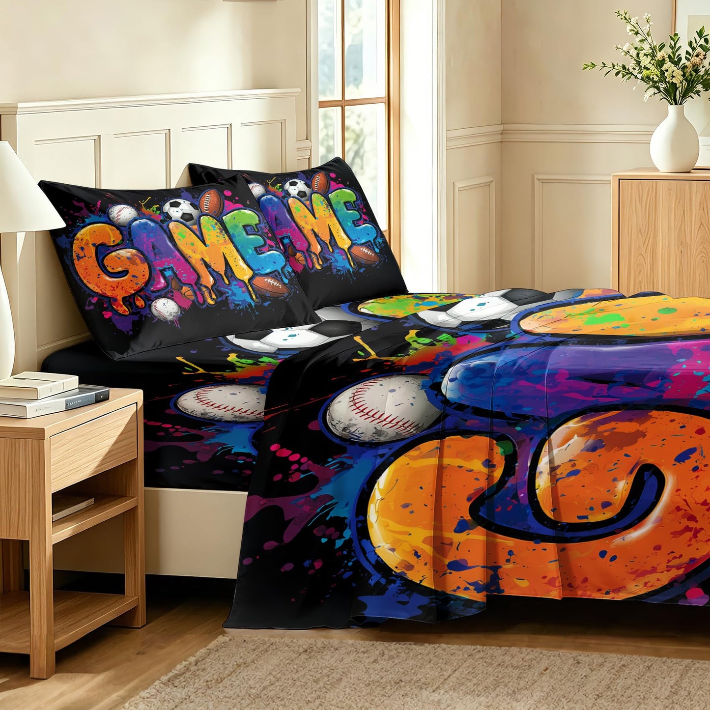 Ball Sports Twin Sheet Set 3 Pcs Graffiti Game Bed Sheets, Black Blue