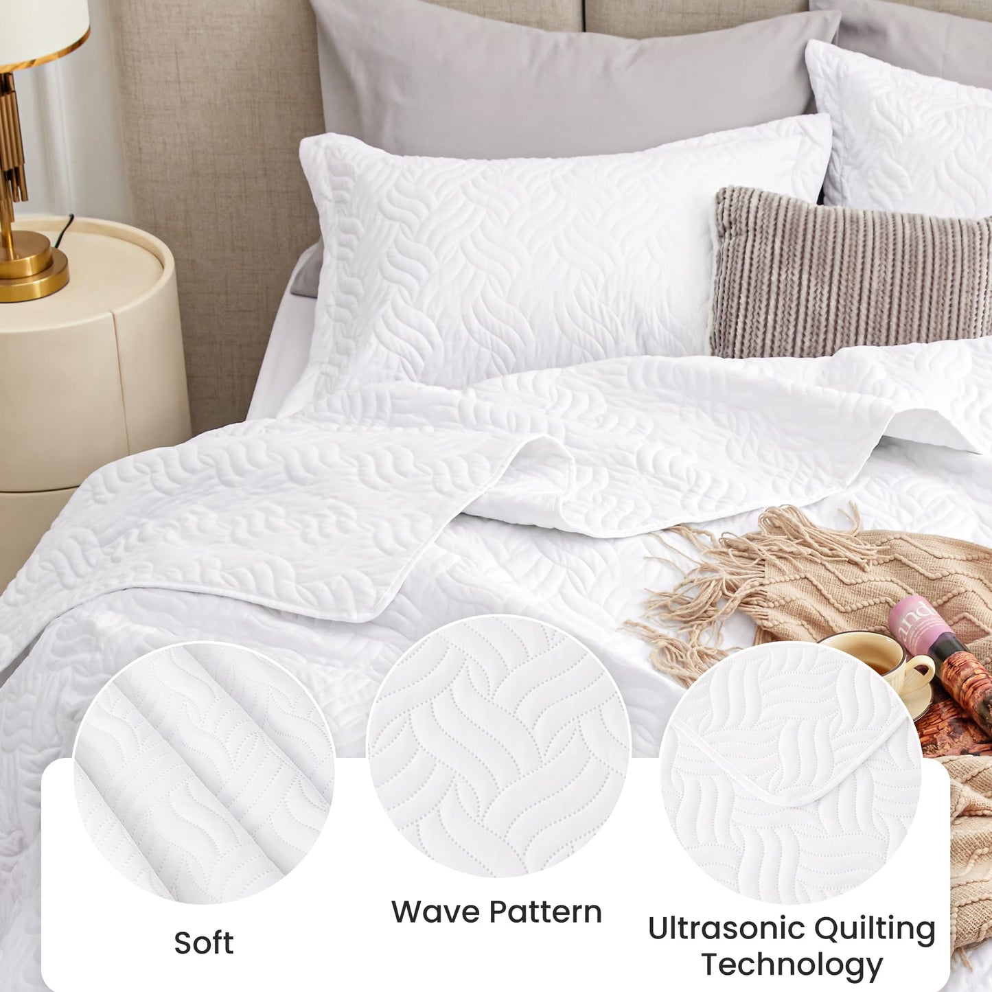 Love's cabin King Size Quilt Set White Bedspreads - Soft Bed Summer Lightweight Bedspread Comforter - Modern Style Wave Pattern Coverlet for All Season - 3 Pieces (1 Quilt, 2 Pillow Shams)