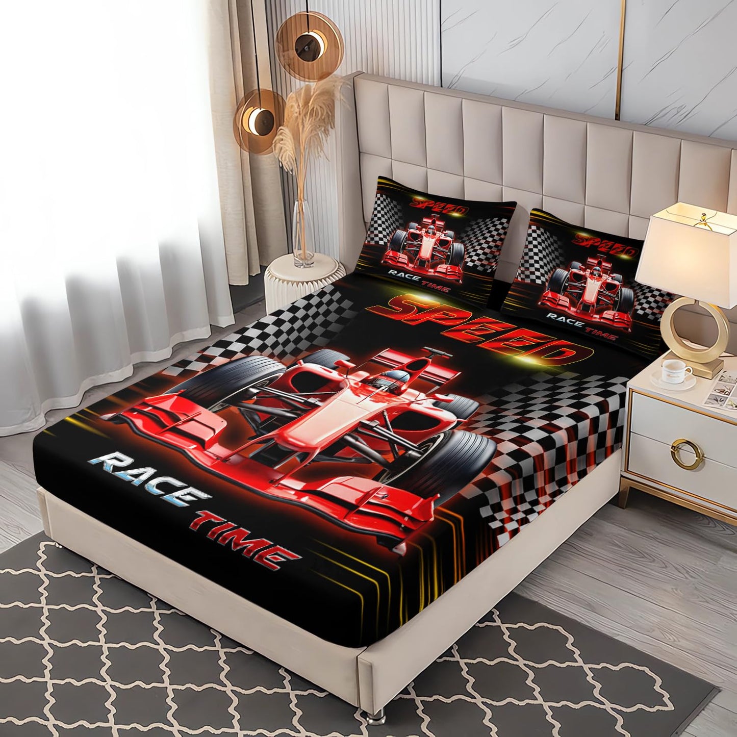 UEVBF Red Cars Bedding Fitted Sheet Set Twin Size,Black White Checkered Racing Flag Fitted Sheet,Race Car Room Decor for Kids Boys,Cool Sports Themed Bedding Sets,1 Fitted Sheet+2 Pillowcases.