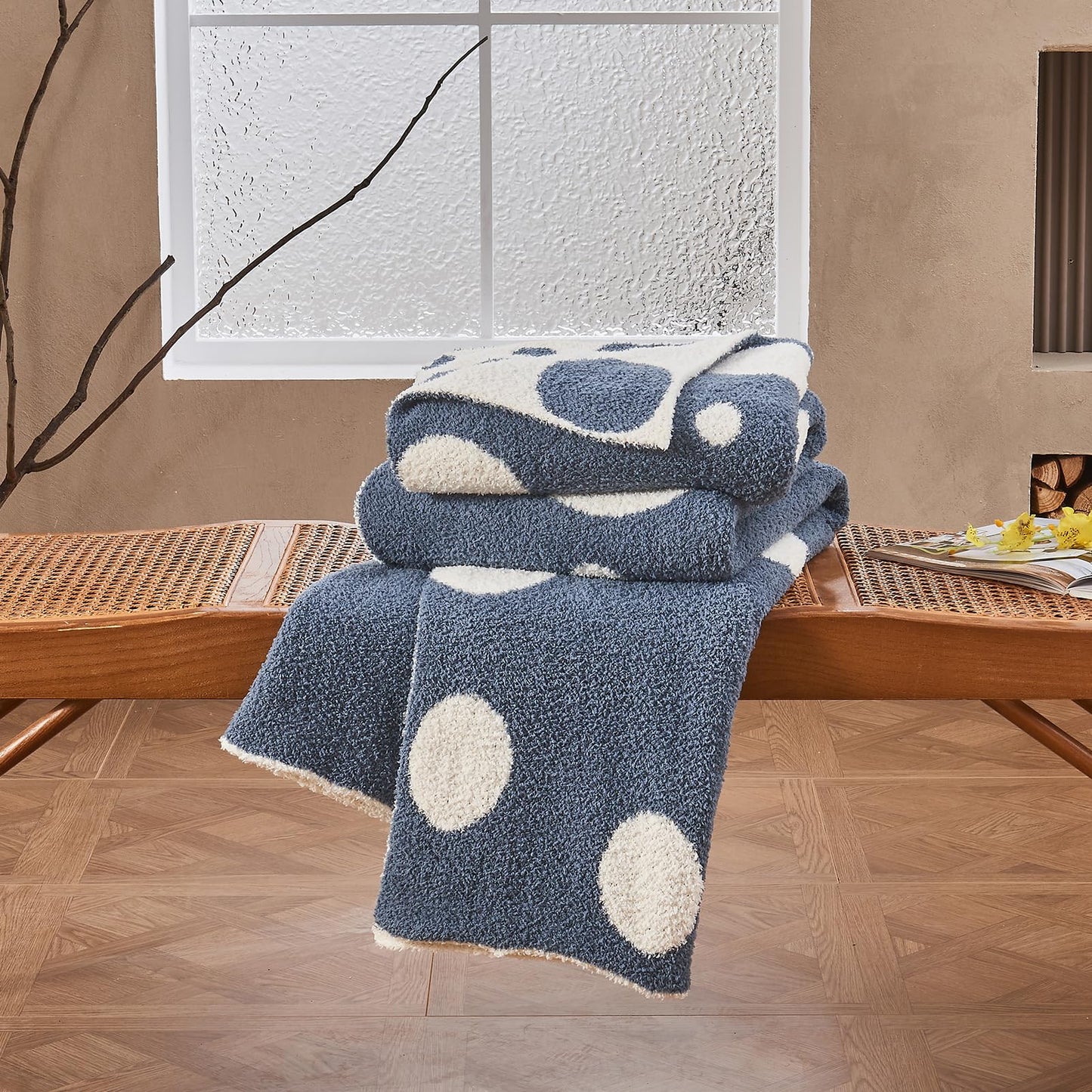 Douceur Polka Dot Throw Blanket for Couch Sofa Bed, Reversible Cozy Fluffy Super Soft Bedroom Blanket, Plush Dusty Blue Throw Blanket, 50×60 inches