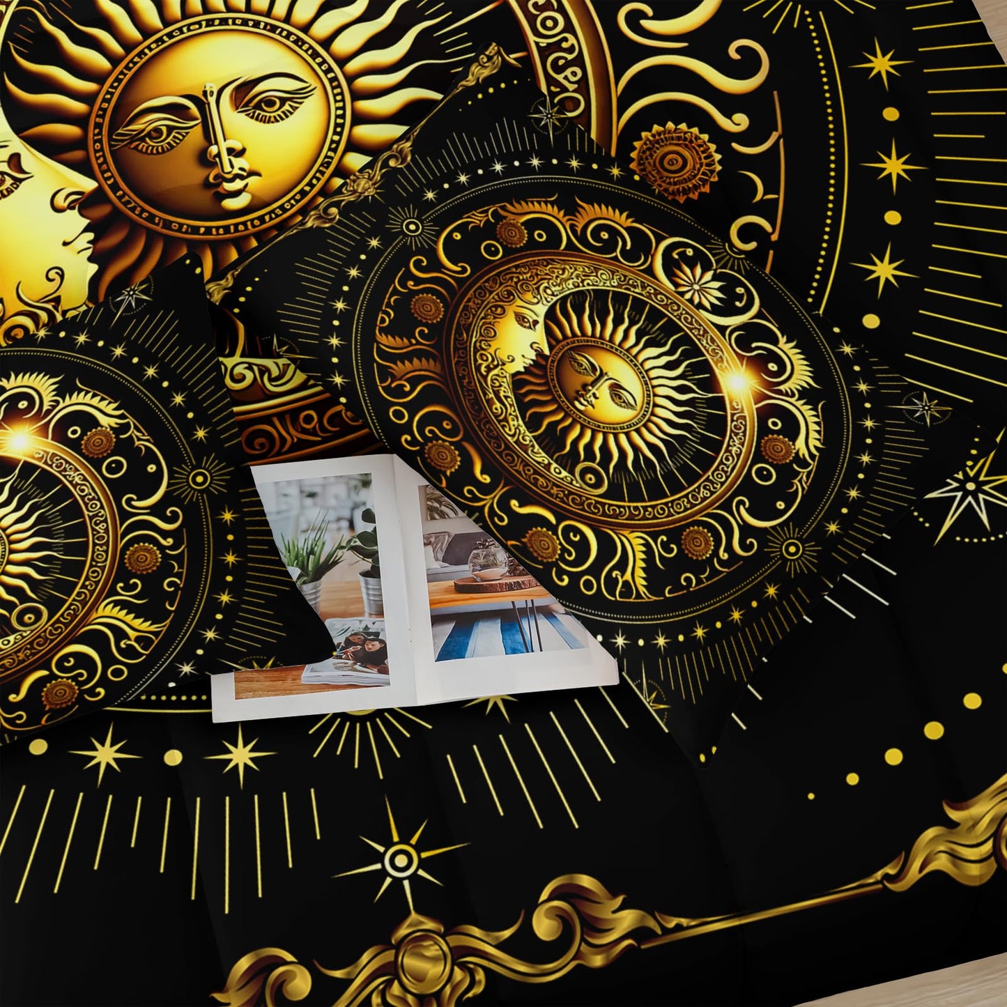 lneffble Black and Gold Twin Size Sun and Moon Comforter Set，Quilts Twin Size Bedding Sets Sun Moon，with 1 Comforter with 2 Pillow Case