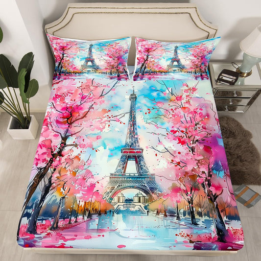 Paris Streets Fitted Sheet Full 3 Pcs,Modern Fashion Eiffel Tower Sheets Sets Breathable Bedding(No Top Sheet),Cherry Tree Ink Painting Bed Sheet with Deep Pocket,French Style Bed Cover