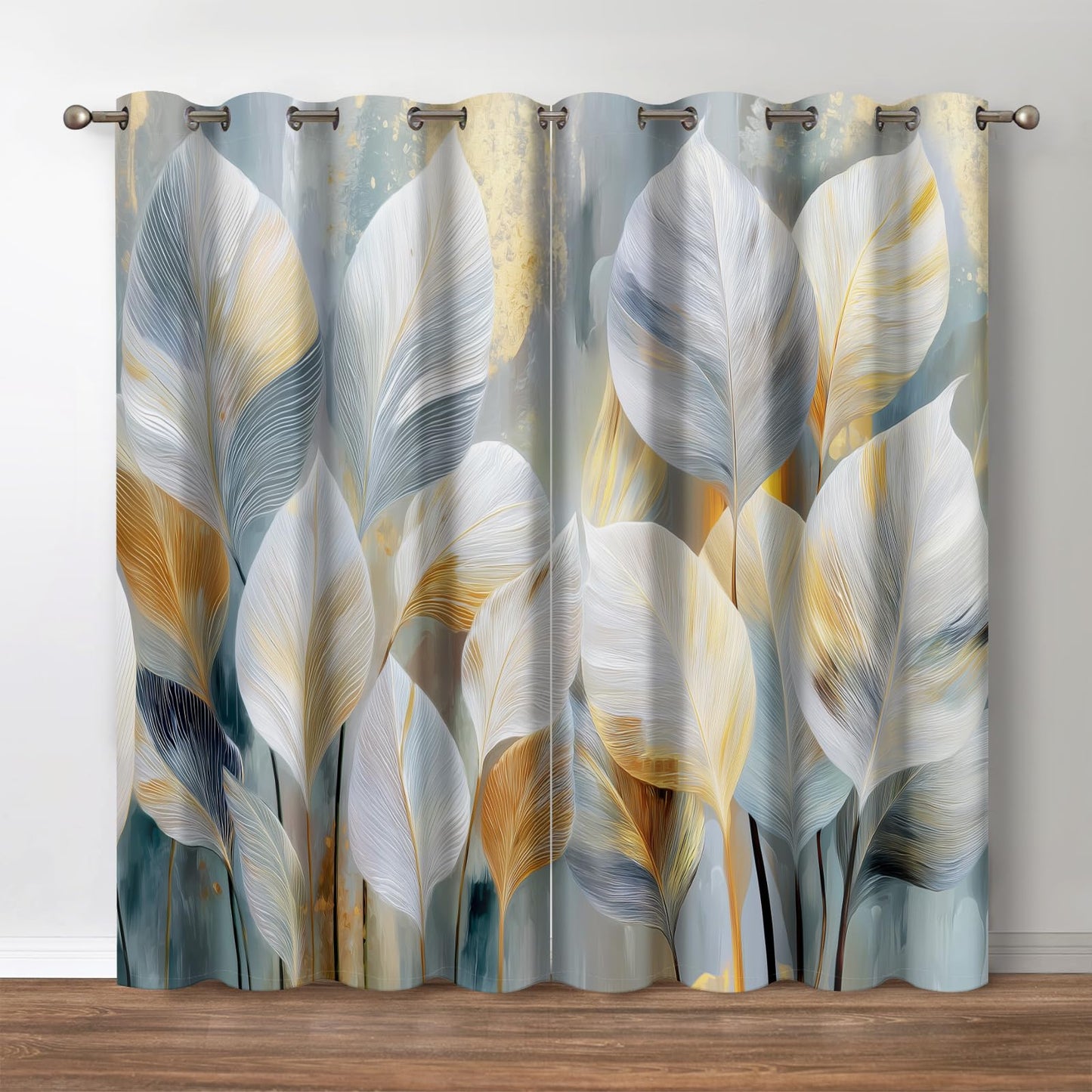 Jekeno Leaf Curtains Abstract Botanical for Bedroom Living Room Decor Natural Curtain Blackout Gold Foil Theme Modern Flower Grommet Window Drapes Luxe Foliage Graphic Art 2 Panel Set (52x84 Inch)