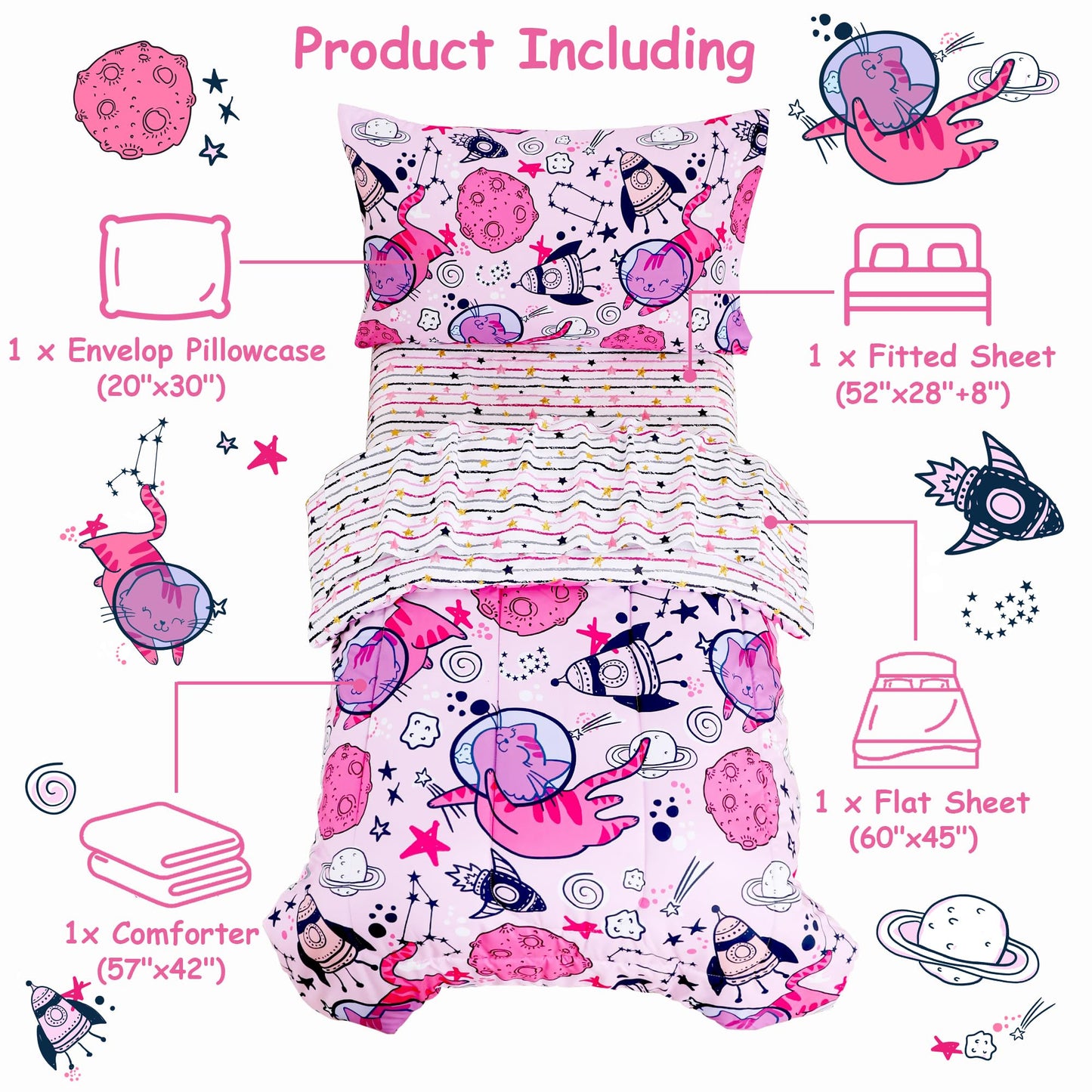 Mooreeke 4 Pieces Toddler Bedding Set - Pink Cute Space Cat Toddler Comforter Sets for Girls, Includes Comforter, Flat Sheet, Fitted Sheet and Pillowcase, Bed in A Bag for Baby Bedroom