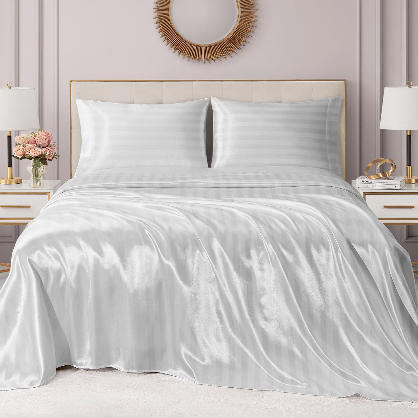 Juicy Couture Silky Satin Damask Sheet Set - Luxury White Bedding - Smooth Striped Sheets - Full Size