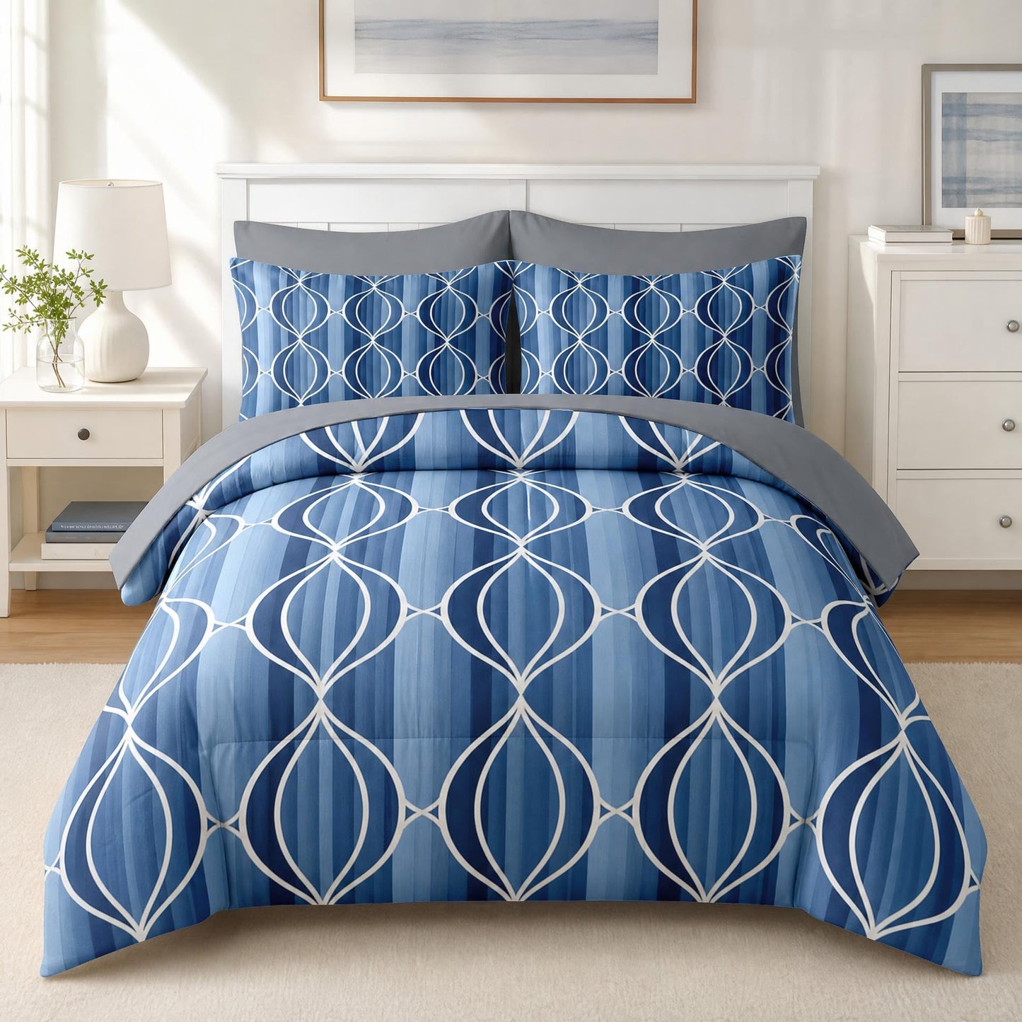 Boewywh Comforter Set Twin Size Geometric Blue Abstract 7 Pcs, Bedding for Kids and Adults, Modern Striped Bed Sheet Sets with Fitted Sheet 2 Pillowcases & 2 Shams for Bedroom Bed Decor