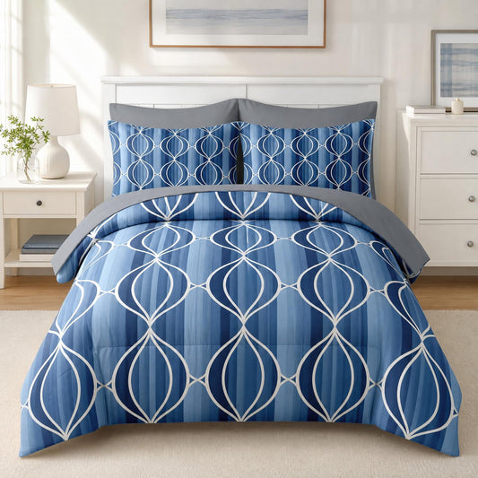 Boewywh Comforter Set Twin Size Geometric Blue Abstract 7 Pcs, Bedding for Kids and Adults, Modern Striped Bed Sheet Sets with Fitted Sheet 2 Pillowcases & 2 Shams for Bedroom Bed Decor