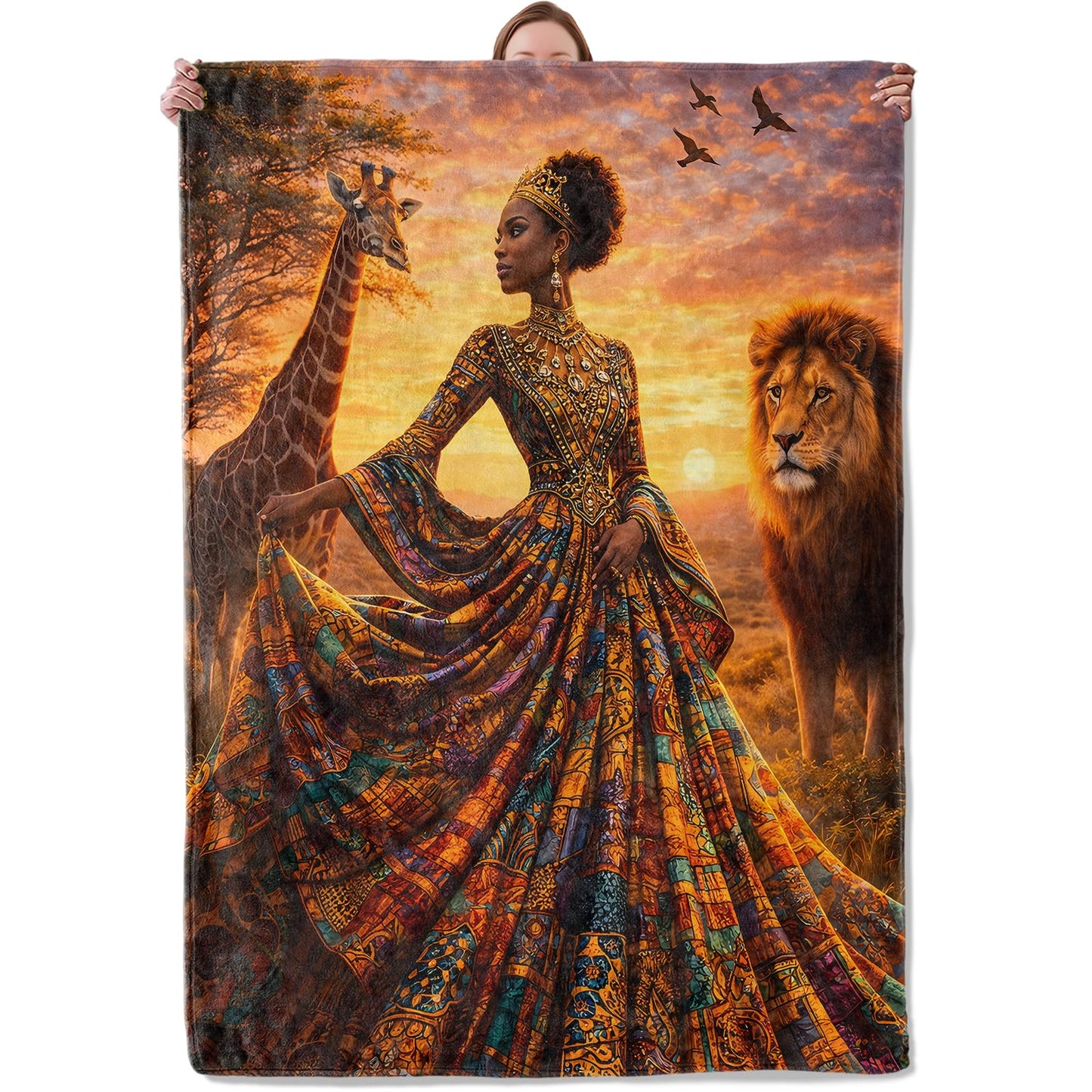 African Queen Safari Lion Giraffe Sunset Throw Blanket Gifts for Kids Women, Soft Warm Tribal Style Flannel Blankets for Living Room Sofa Home Bedroom Decor 50" x 60"