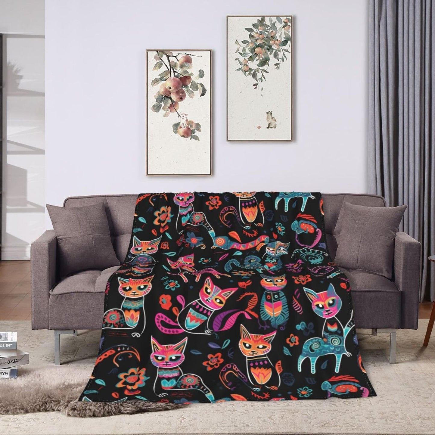 Ouqiuwa Dead Cats Floral Throw Blanket Sugar Skull Flowers Plush Microfiber Flannel Fleece Blanket 50"x40" for Bed Sofa Couch Camping Travel