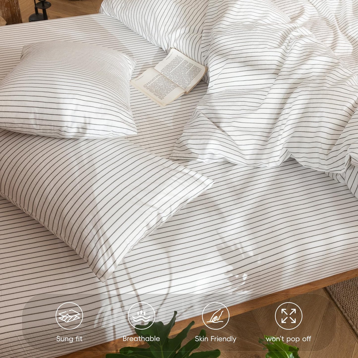 MooMee Fitted Bottom Sheet Only 100% Washed Cotton Linen Like Textured Breathable Durable Soft Comfy Deep Pocket Fits Mattress up to 17" (White Dark Grey Wide Stripes, Queen)