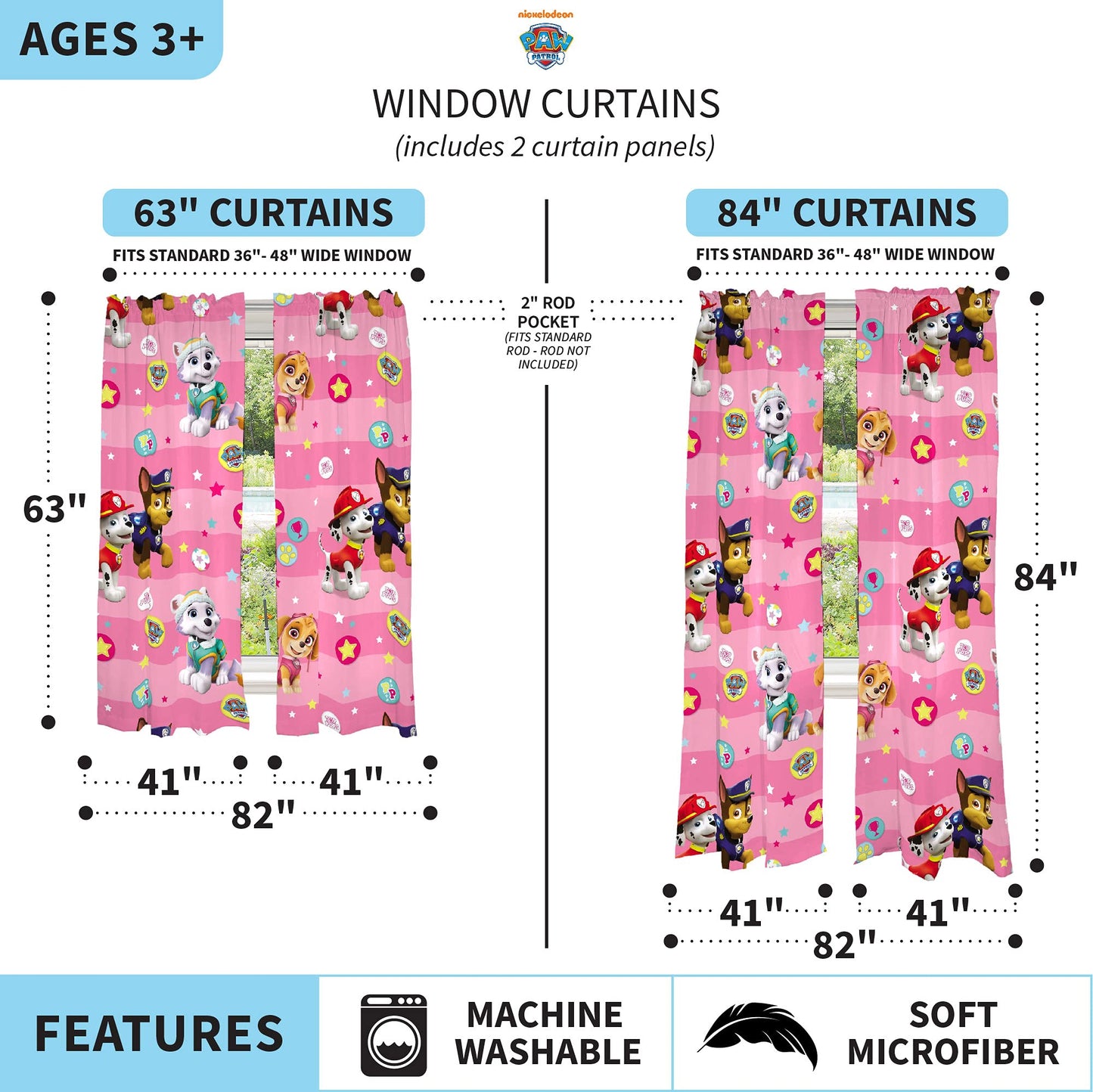 Franco Kids Room Window Curtains Drapes Set, 82 in x 63 in, Paw Patrol Girls
