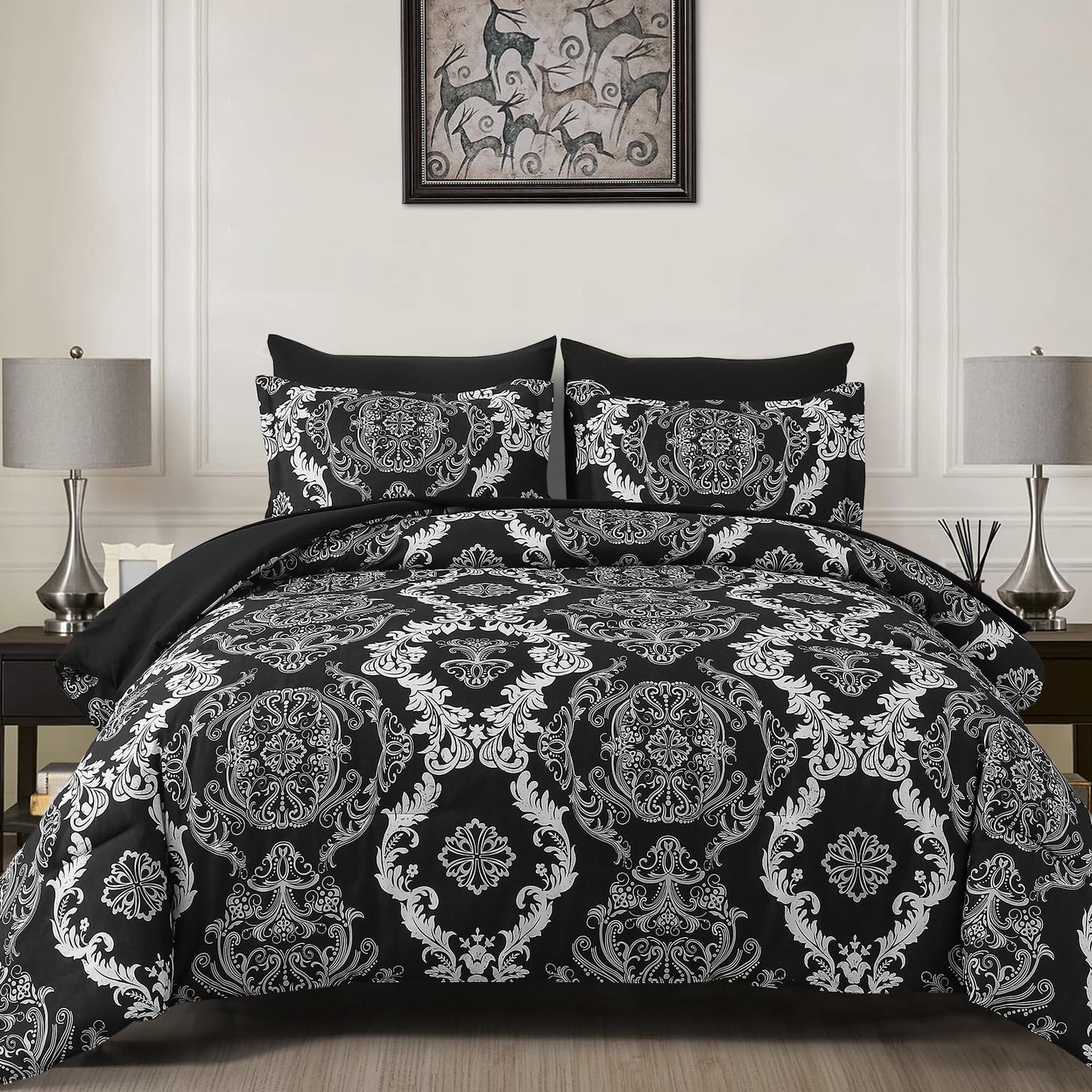 WONGS BEDDING 7 Pieces Comforter Set Queen Size, Black White Texture Bedding Set for All Season, Damask Soft and Breathable Bed in a Bag with Comforter, Flat Sheet, Fitted Sheet, Pillowcases & Shams