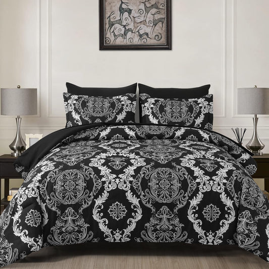 WONGS BEDDING 7 Pieces Comforter Set Queen Size, Black White Texture Bedding Set for All Season, Damask Soft and Breathable Bed in a Bag with Comforter, Flat Sheet, Fitted Sheet, Pillowcases & Shams