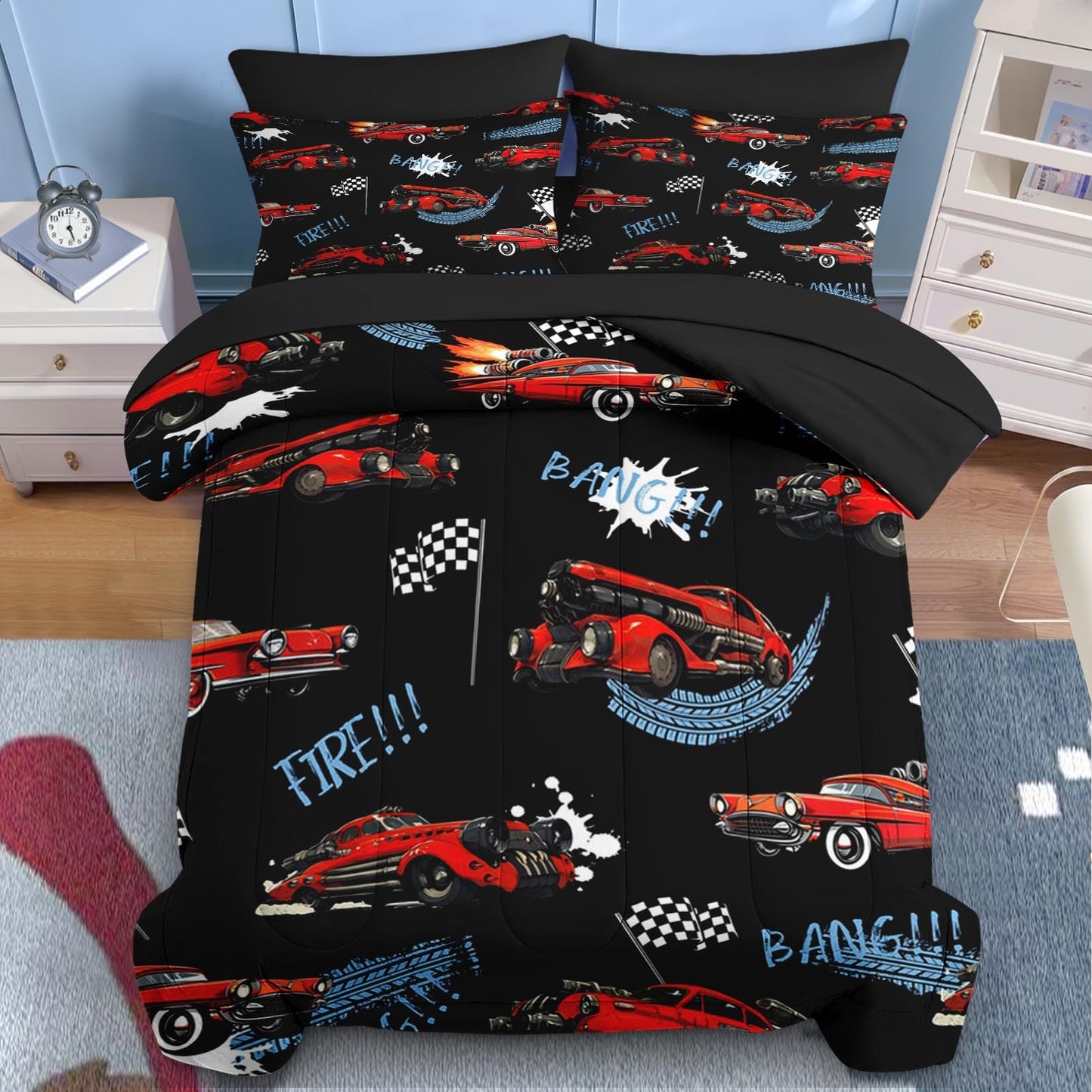 Nesker 5 Pcs Car Comforter Set Twin Size, Rad Race Car Boys Bedding Black Bed in a Bag for Kids and Adults, Retro Cool Truck Bed Sheet Sets with Fitted Sheet Pillowcases & Shams