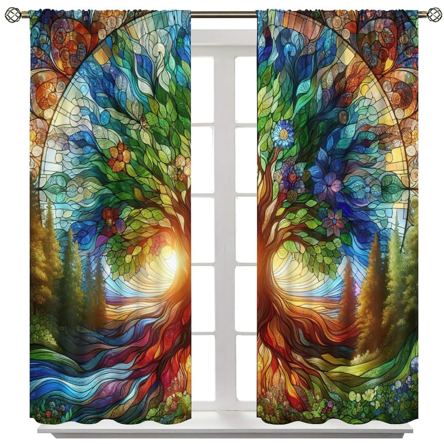 AuiMzoo Stained Glass Botanical Curtains, Tree of Life Glass Botanical Theme Printed Pattern, Decor Curtains for Bedroom Living Room42X45 Inch