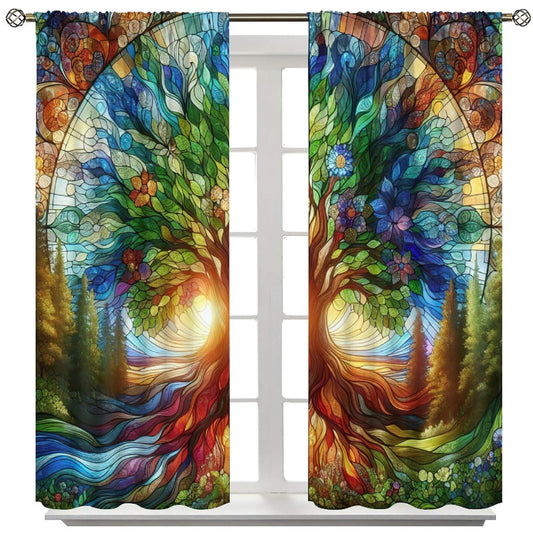 AuiMzoo Stained Glass Botanical Curtains, Tree of Life Glass Botanical Theme Printed Pattern, Decor Curtains for Bedroom Living Room42X45 Inch