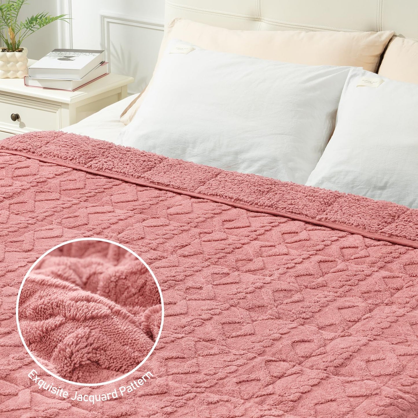 Wemore Weighted Blanket for Adults Twin Size 15 lbs, Dual Sided Soft Fuzzy Jacquard Sherpa Weighted Blankets, Cozy Fluffy Knitted Heavy Blanket, Apricot Pink, 48 x 72 inches