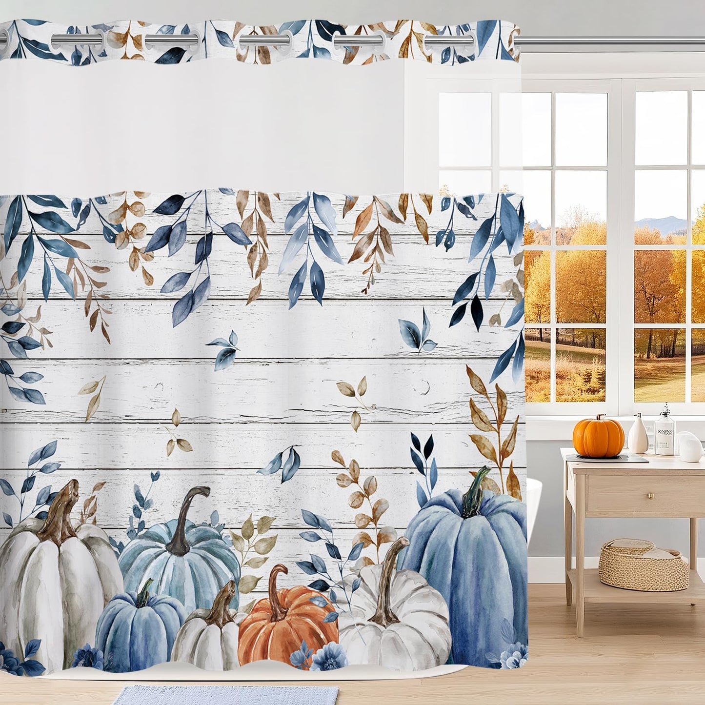 MEHOFOND No Hook Fall Pumpkin Shower Curtain with Snap in Liner,Hookless Autumn Watercolor Blue White Pumpkin Shower Curtain,Farmhouse Eucalyptus Leaves Thanksgiving Holiday Bathroom Decor 71x74 in