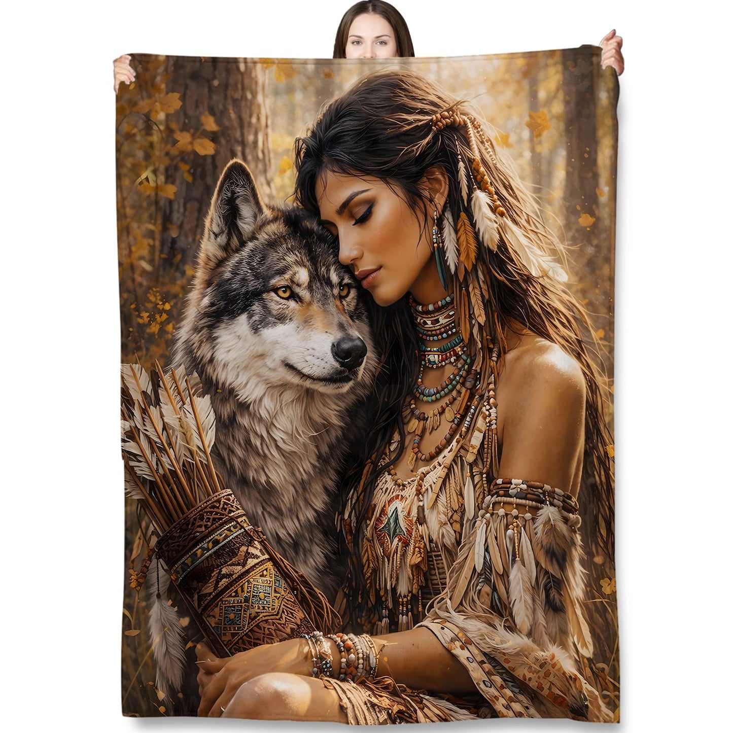 Turamurra Boho Native Woman Wolf Throw Blanket Gifts for Kids Women, Tribal Spirit Animal Forest Blankets for Home, Living Room, Bedroom Decor, Flannel Plush 50"x60"