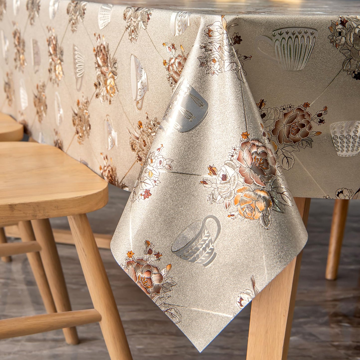 FAVE Heavy Duty Vinyl Tablecloths with Peony Waterproof Oil-Proof PVC Table Cloth Stain-Resistant Wipeable Table cloths for Wedding, Banquet, Birthday, Party, Restaurant Decorations (Gold, 55X78 Inch)