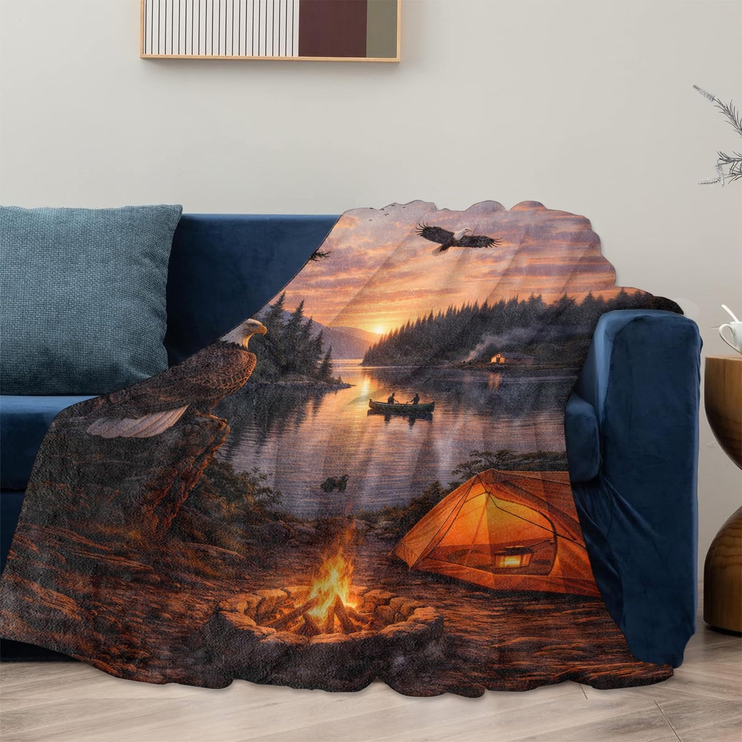 Camping Lake Sunset Throw Blanket Gifts for Kids Women, Soft Warm Wilderness Campfire Eagle Canoe Forest Flannel Blankets for Living Room Sofa Home Bedroom Decor 50" x 60"