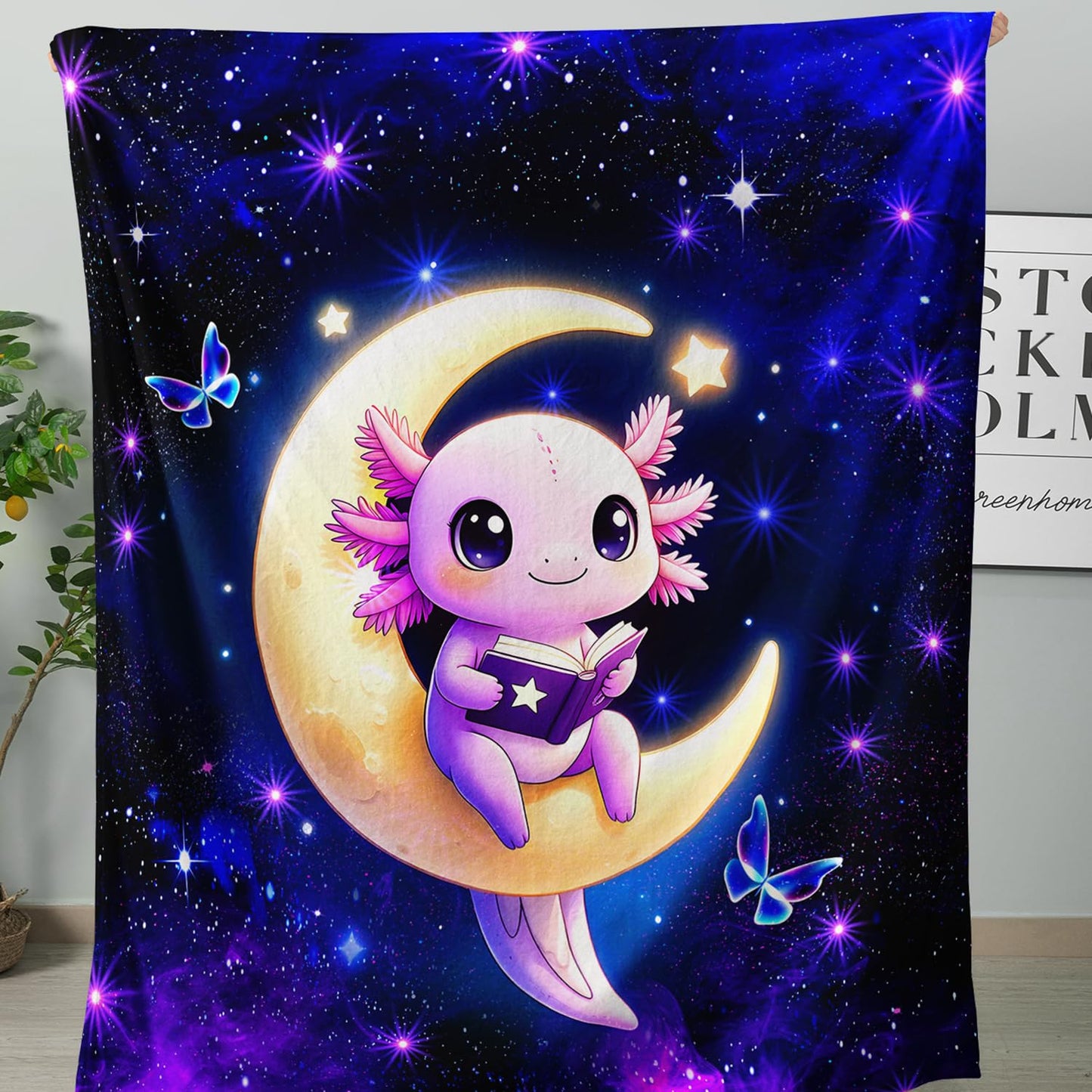 HOSIMA Kawaii Axolotl Blanket for Kids,Axolotl Sitting on Moon Reading Book,Butterflies Pattern Aesthetic Flannel Galaxy Blanket for Girls Sofa Bedroom Decor,59L*47W.