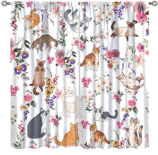 AAVEUP Cute Cat Curtains for Girls,Funny Kawaii Floral Kitten Watercolor Colorful Aesthetic Art Print Window Treatments for Kids Kitchen Bedroom Living Room 42x45in（No Blackout）