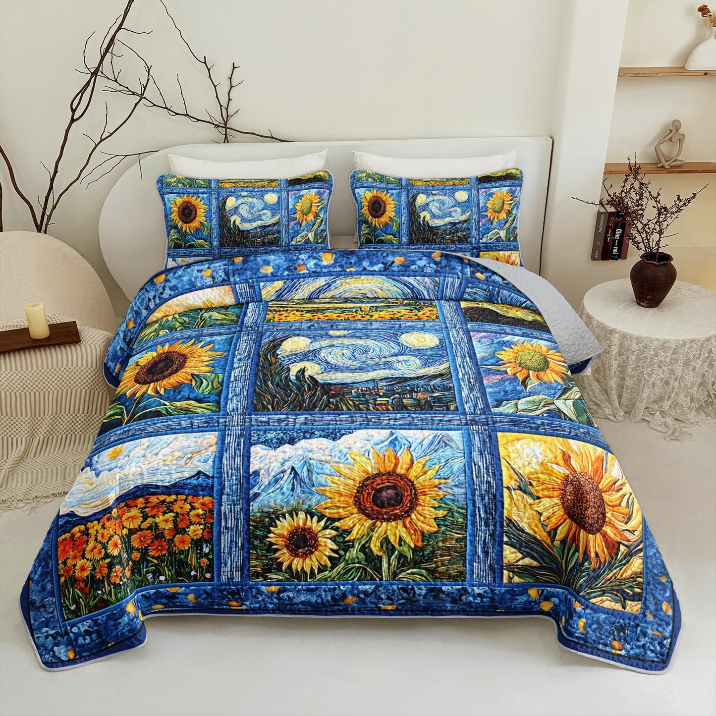 QOOMO Cartoon Sunflower Kids Quilt Set,Flores Print Bedding Set,Blue Room Decoration Soft and Lightweight for All Seasons Twin Size,1 Quilt Set 2 Pillowcases