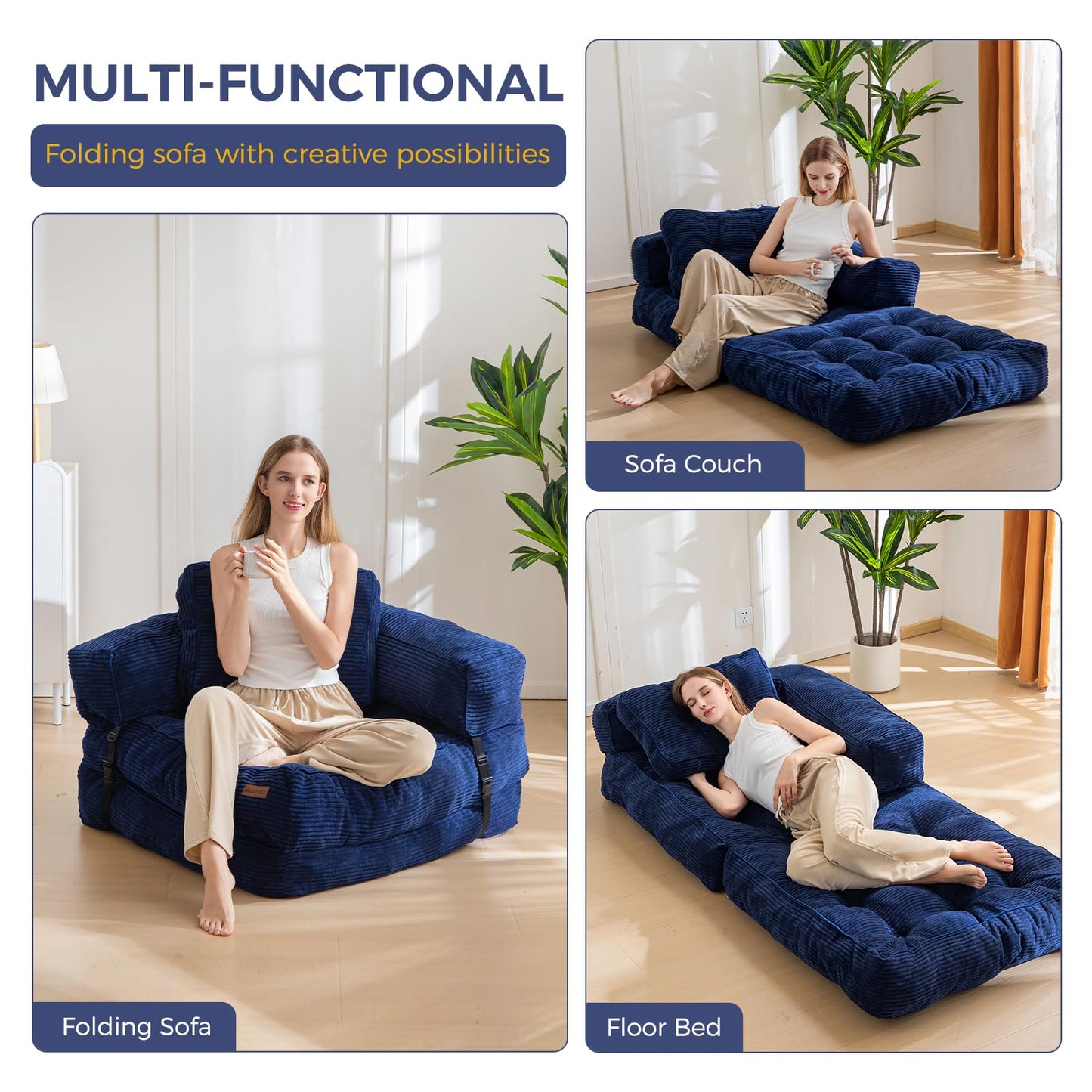 MAXYOYO Folding Sofa Bed, L-Shaped Convertible Sofa Bed with Armrest Foldable Sofa Couch with Pillow, Portable Fold Out Chair Bed Comfy Floor Lounge for Living Room Bedroom, Navy