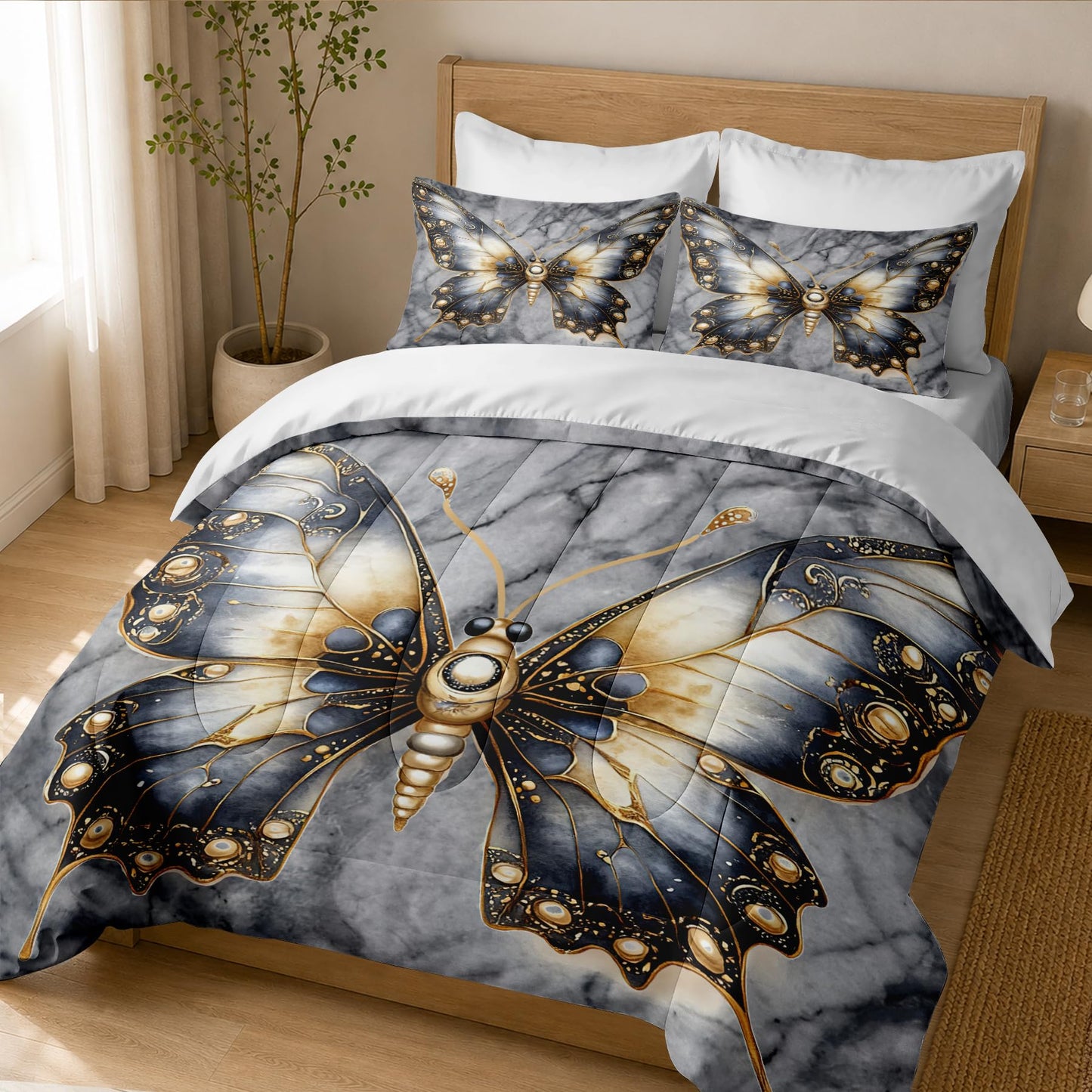 CCoutueChen Kids Butterfly Comforter Twin Size, Grey Marble Bedding Set, 2 Pcs Marble Texture Artistic Warm Microfiber Bed Set with 1 Pillowcase, 68"x86"