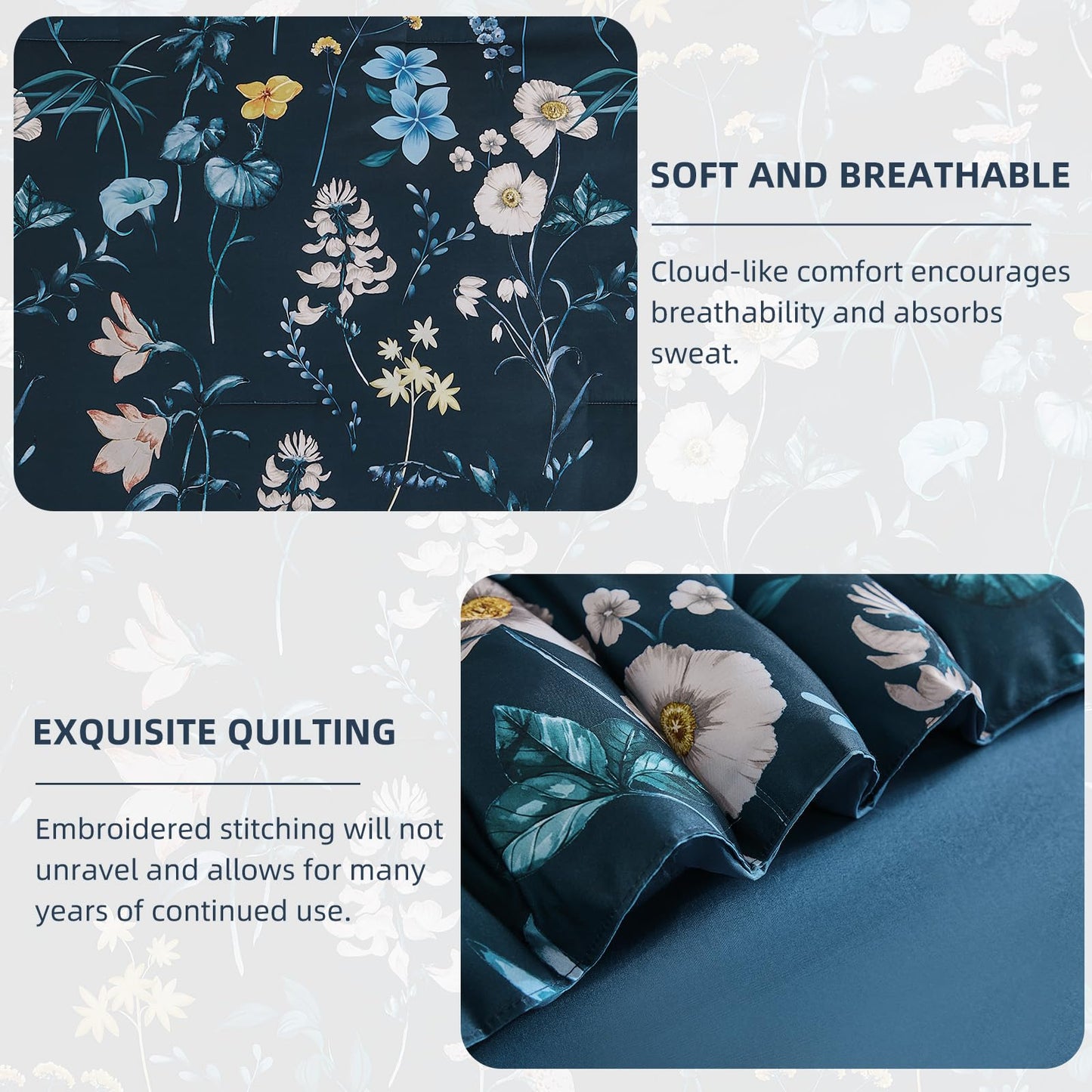 DJY Comforter Set King Size,Teal Blue Floral Bedding Comforter Sets,7 Pieces Bed in a Bag Lightweight Botanical Comforter Set with Sheets Pillowcases & Shams for All Seasons