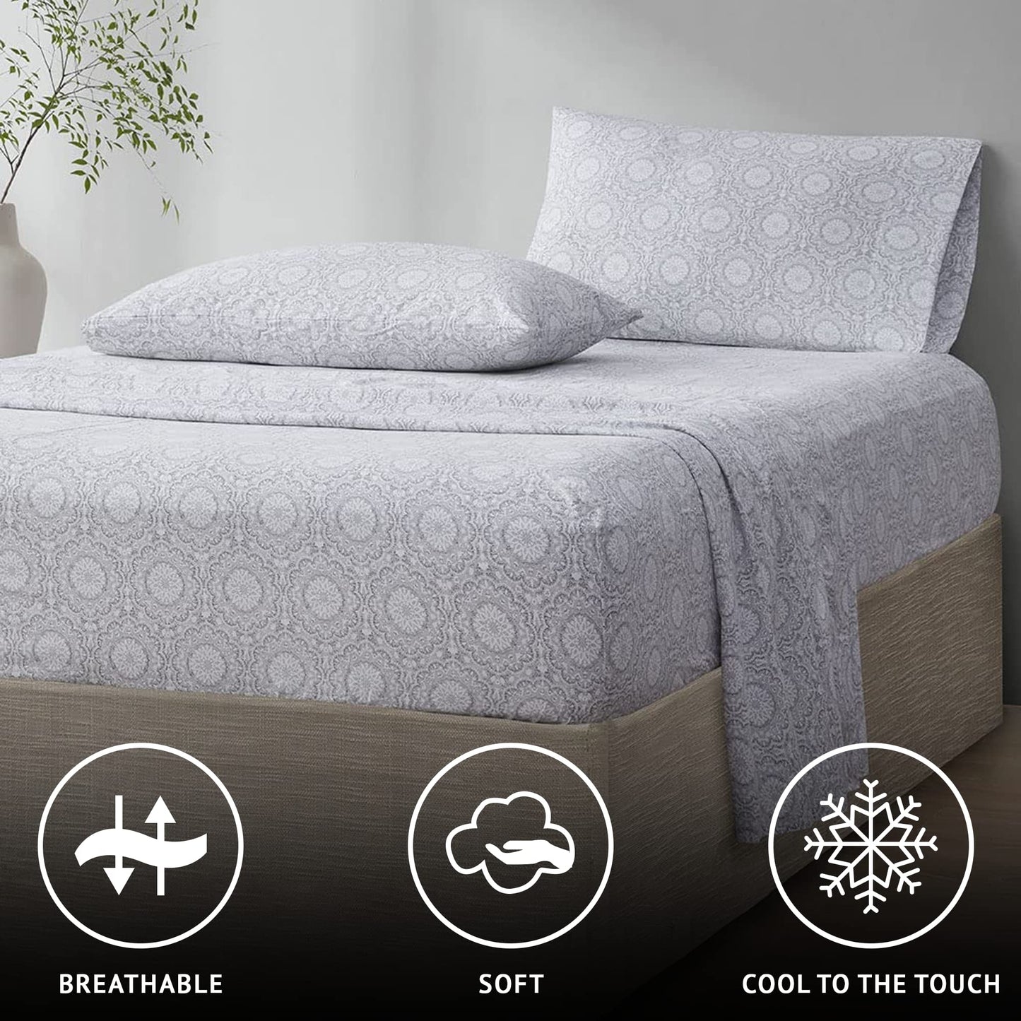 Comfort Spaces 100% Cotton Sheet Set Breathable, Lightweight, Soft with 14" Elastic Pocket Fits up to 16" Mattress, All Season Cozy Bedding, Matching Pillow Case, Cal King Adelia Gray 4 Piece