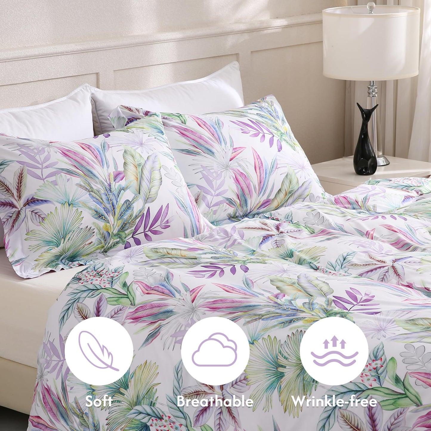 LONAVA Queen Botaincal 3 Pcs Duvet Cover Set, Breathable Soft Microfiber Lavender Lining Comforter Cover with Zipper Closure, and 2 Anti-Pilling, Fade Resistant Pillowcases, Tropical