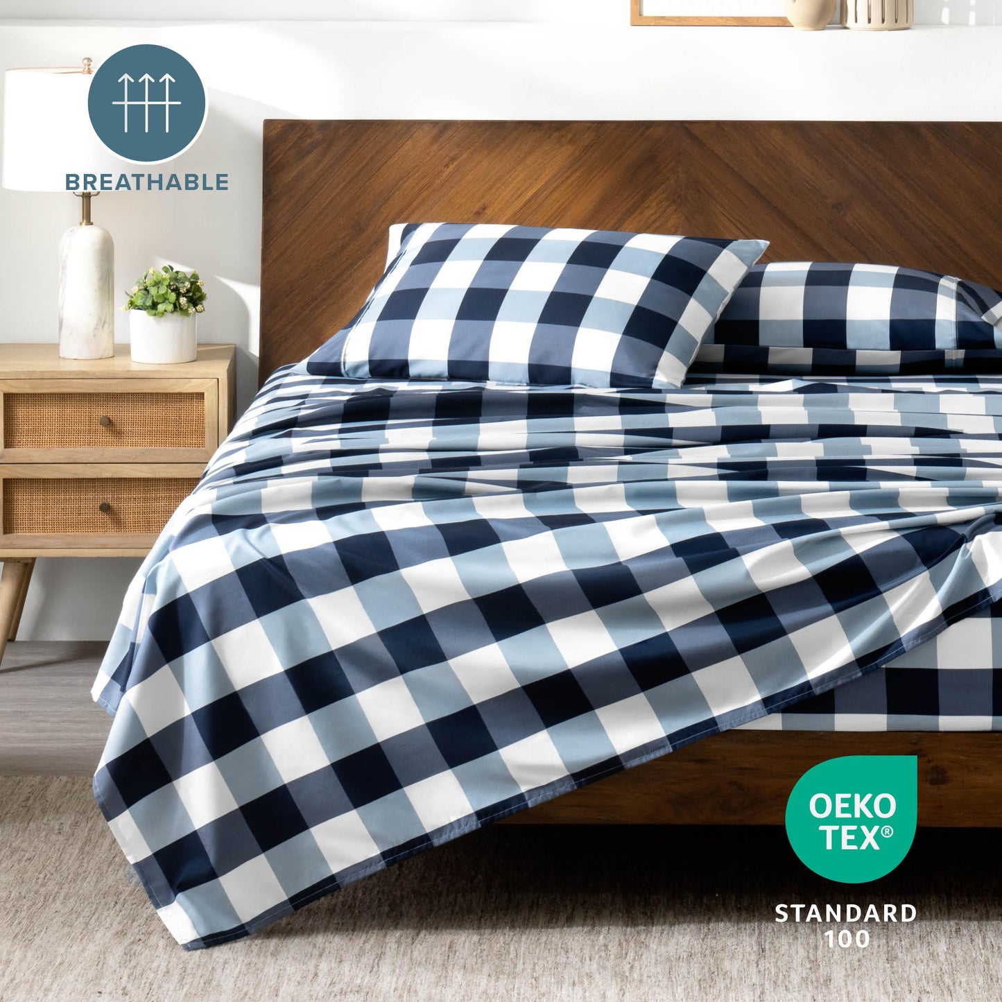 Bare Home Queen Sheet Set - Luxury 1800 Ultra-Soft Microfiber Double Brushed - Deep Pockets - Easy Fit - 4 Piece Set - Bedding Sheets & Pillowcases (Queen, Gingham Blue)