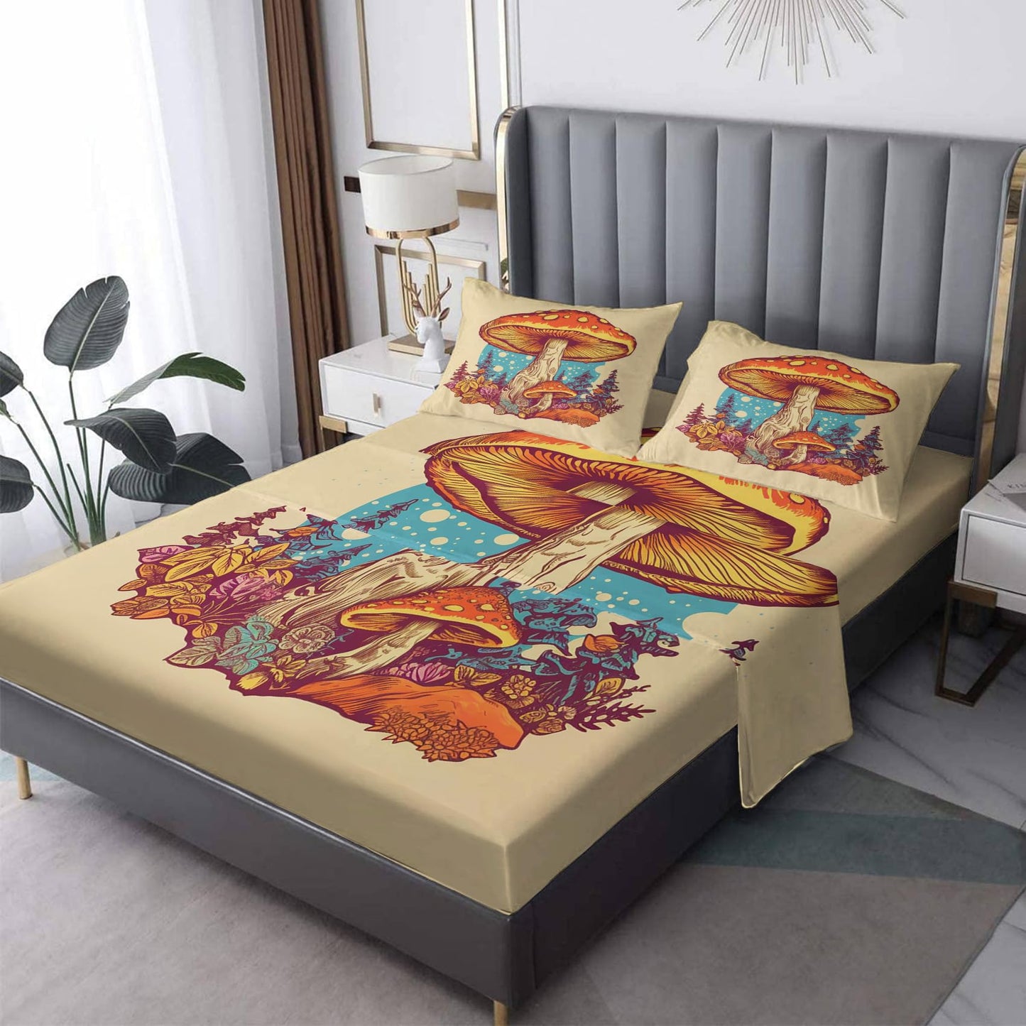 THYUNQ Mushroom Split King Sheets Sets for Adjustable Bed, 70s Retro Pattern Sheet Set - 16 Inch Deep Pocket, Super Soft Microfiber Printed Bedding Sheets & Pillowcases 5 Piece