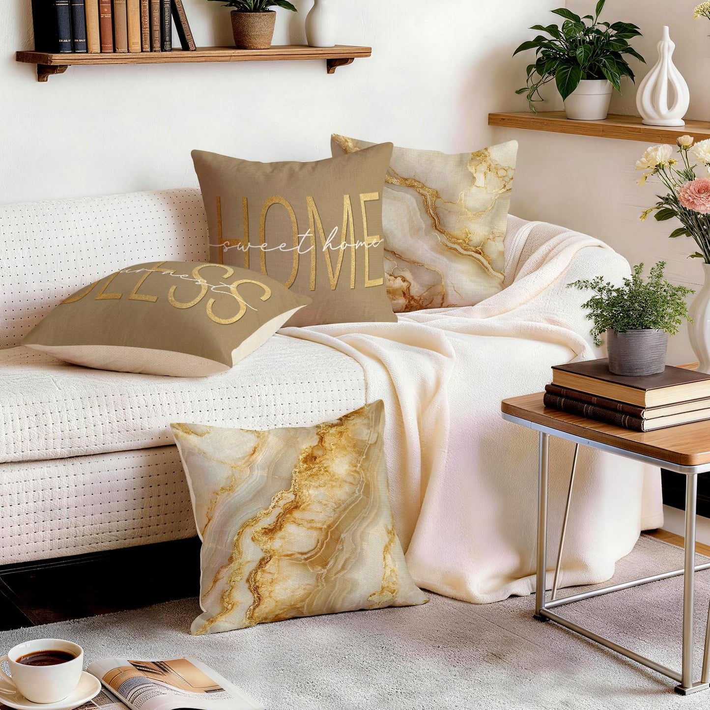 ORMAN Beige Gold 18x18 Marble Pillows Covers Set of 4 Decorative Pillowcase Cushion Cover for Car Sofa Bedroom