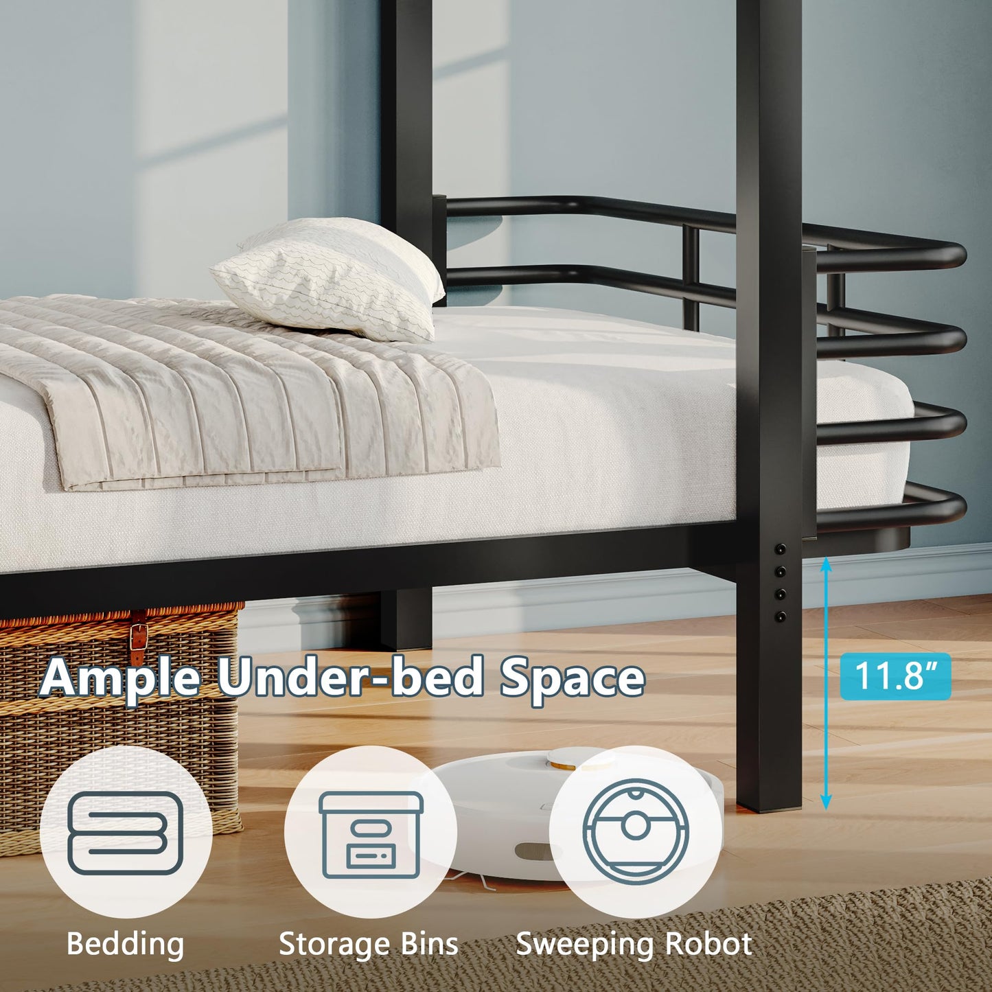 Einhomn Curved Metal Bunk Bed Twin Over Twin, Heavy Duty Bunkbeds with Safety Guardrails, Ladder with Built-in Handrails & Wide Steps, Space-Saving Design for Kids, Teens & Adults