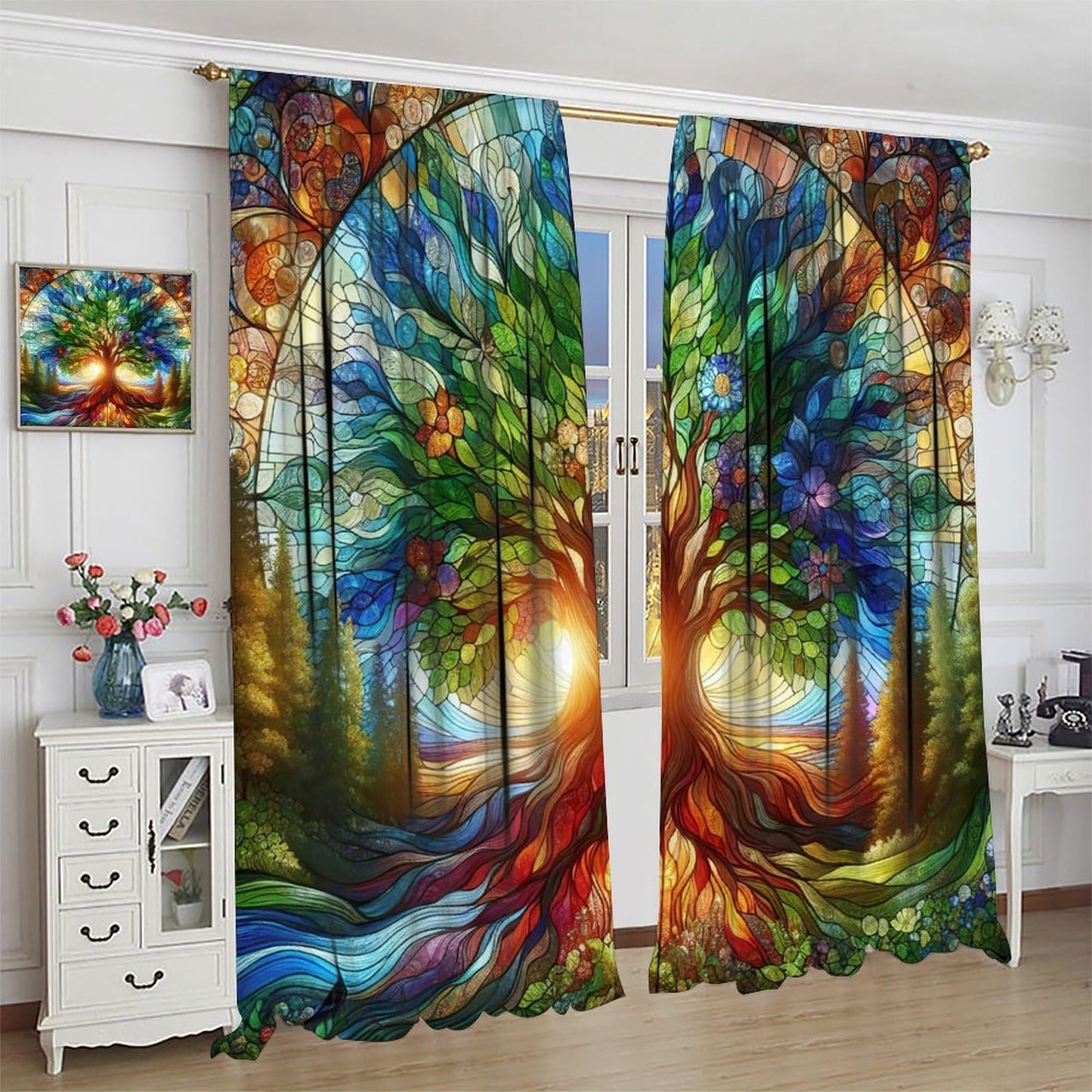 AuiMzoo Stained Glass Botanical Curtains, Tree of Life Glass Botanical Theme Printed Pattern, Decor Curtains for Bedroom Living Room42X45 Inch