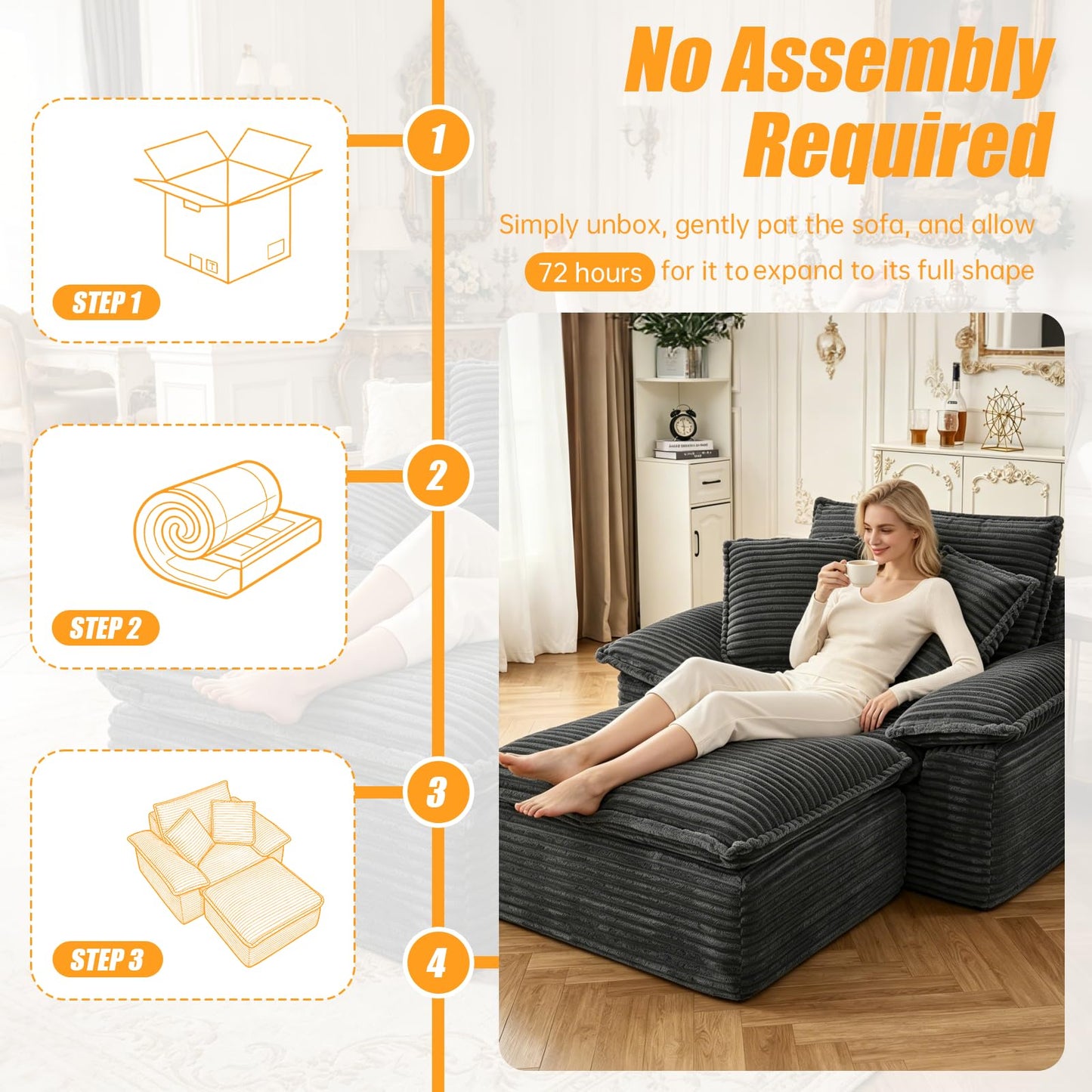 HYJT-H&K 63.4"Reading Chair, Boneless Chair with Ottoman, Lounge Chair with Built-in Spring&3 Pillows, Oversized Chair for Living Room, Chaise Lounge Chair Indoor No Assembly Required(Corduroy, Gray)