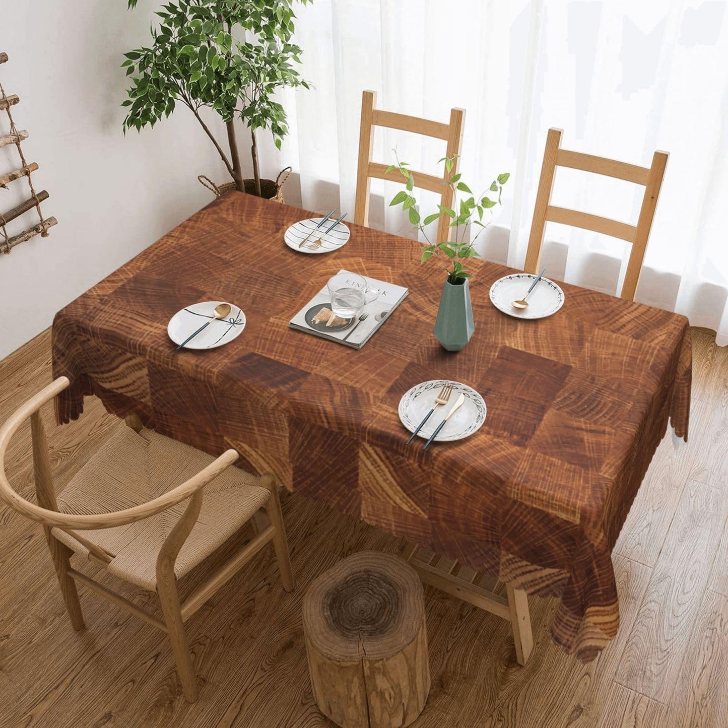 DRAVVIX Wooden Natural Texture Rectangular Tablecloth Brown Wooden Pattern Table Cloth with Wavy Lace Decoration Polyester Table Cover for Dining, Parties 54x72 inch