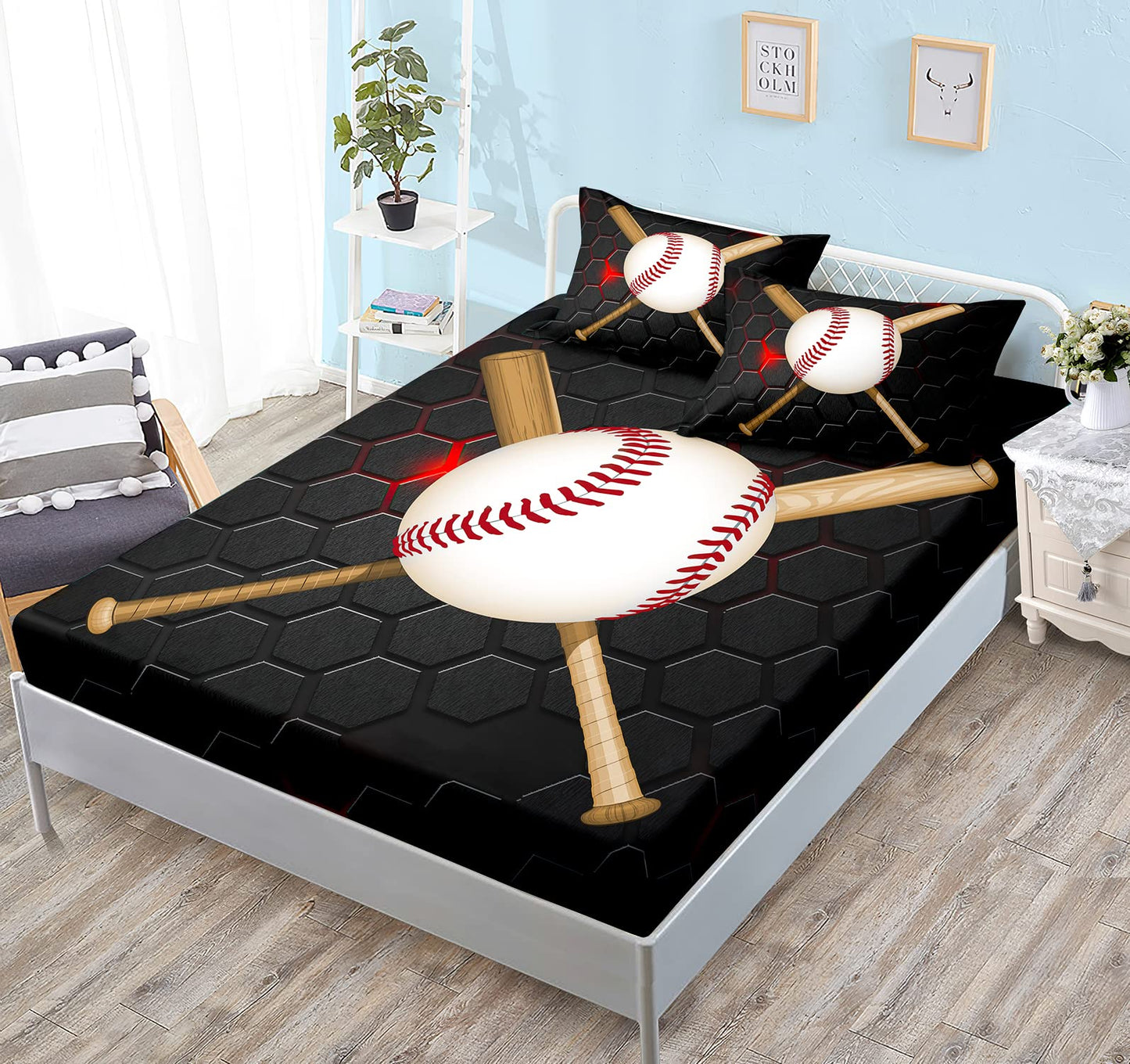 HOSIMA Baseball Fitted Sheet Set for Boys Teens Beddroom Decor,Boys Sports Cool Baseball Pattern Bedding Set,Fitted Sheet Set Full Size with 2Pillowcases.