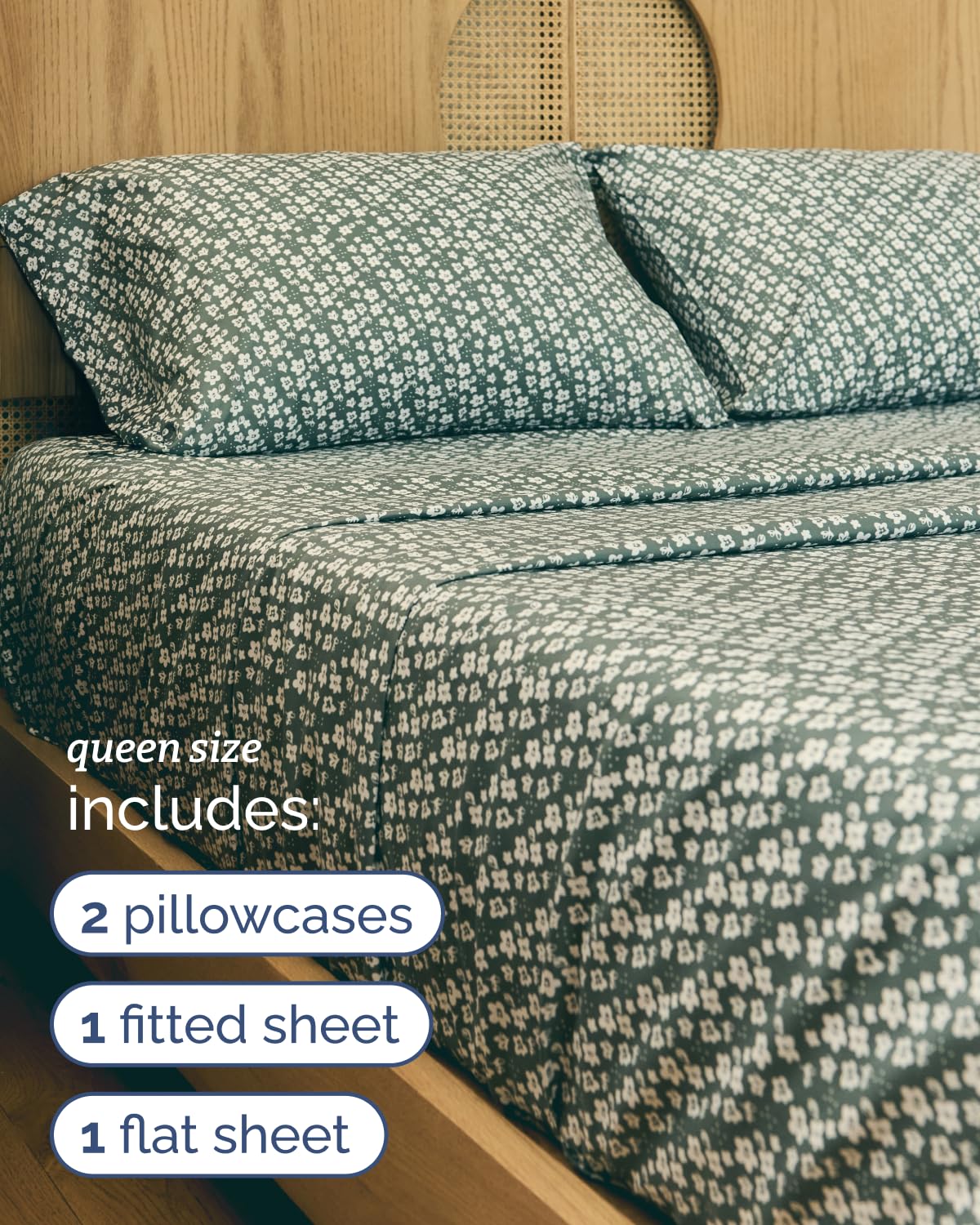 Floral Sheets - Green Floral Bed Sheet Set - 1 Flat, 1 Fitted & 2 Pillowcases w/ Deep Pockets - Comfy, Wrinkle & Fade Free - Boho Botanical Bedding - Ultra-Soft, Breathable & Cooling - Queen Size Set