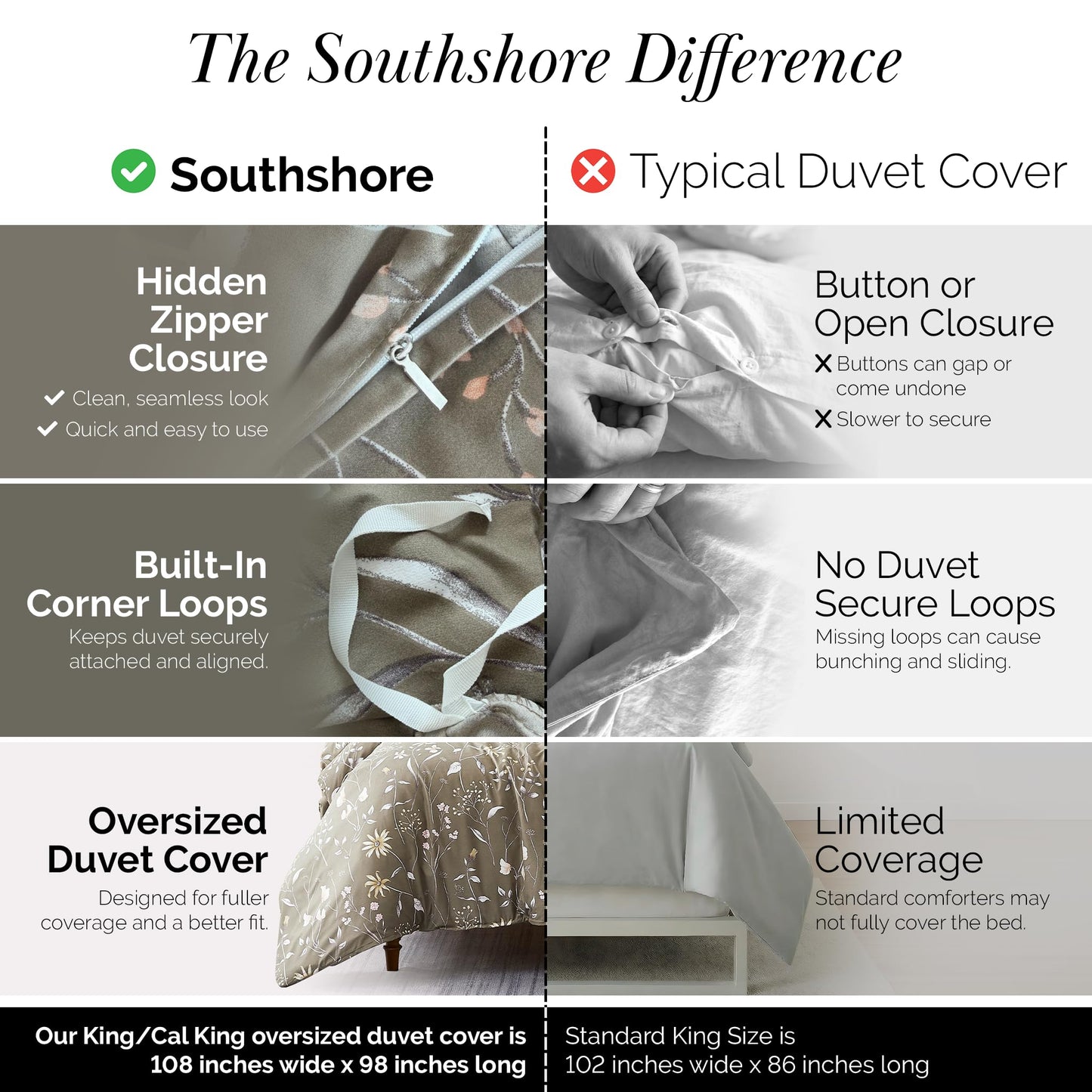 Southshore Fine Living, Inc. Oversized Floral Cal King Duvet Cover Set, Oversized Boho Brown Duvet Cover King, Pet Hair Resistant Bedding for Easy Care, 2 Pillow Shams - Secret Meadow Olive-Brown